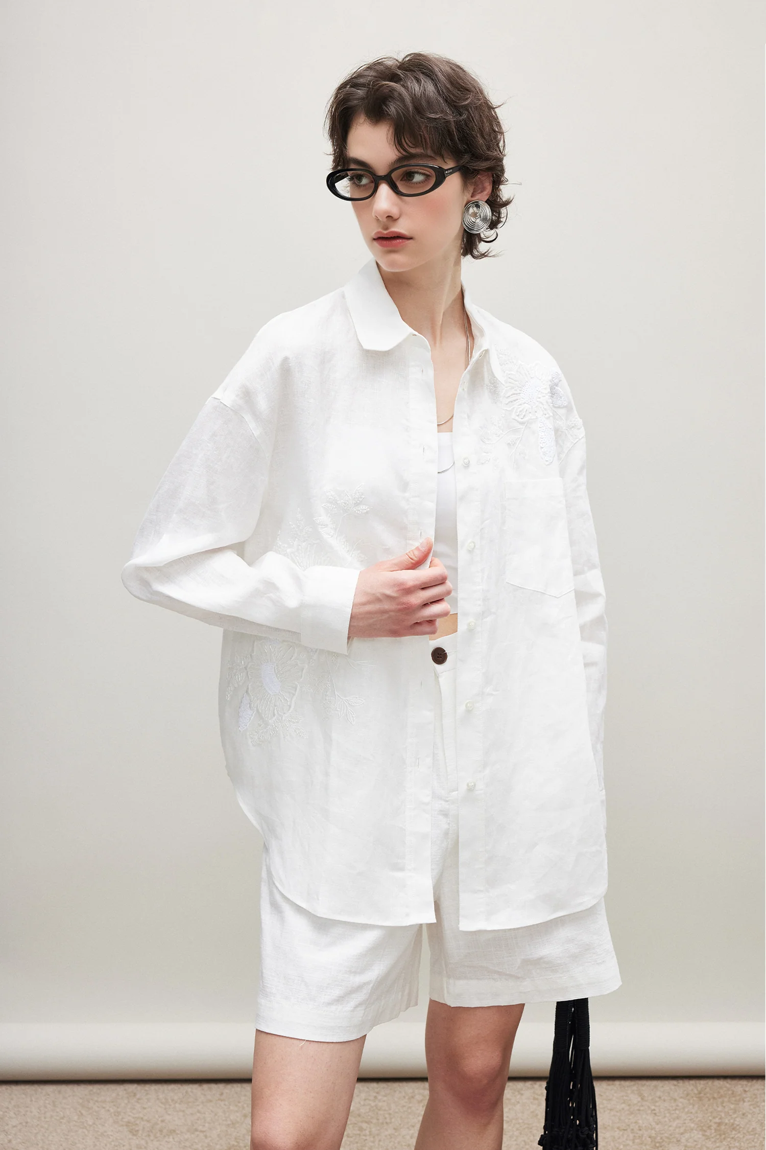 100% Linen Floral Embroidered Long Sleeve Shirt - kasudy