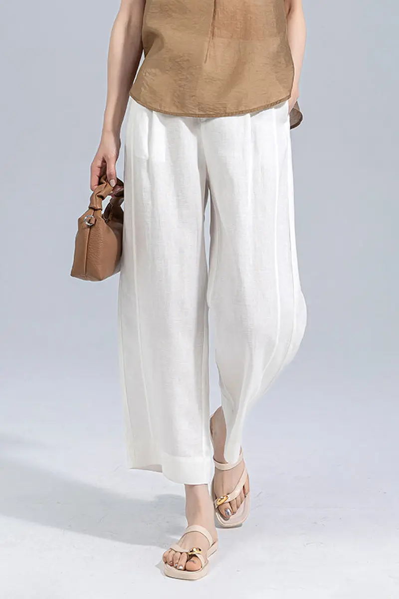 European Linen Cropped Wide-Leg Pants - kasudy