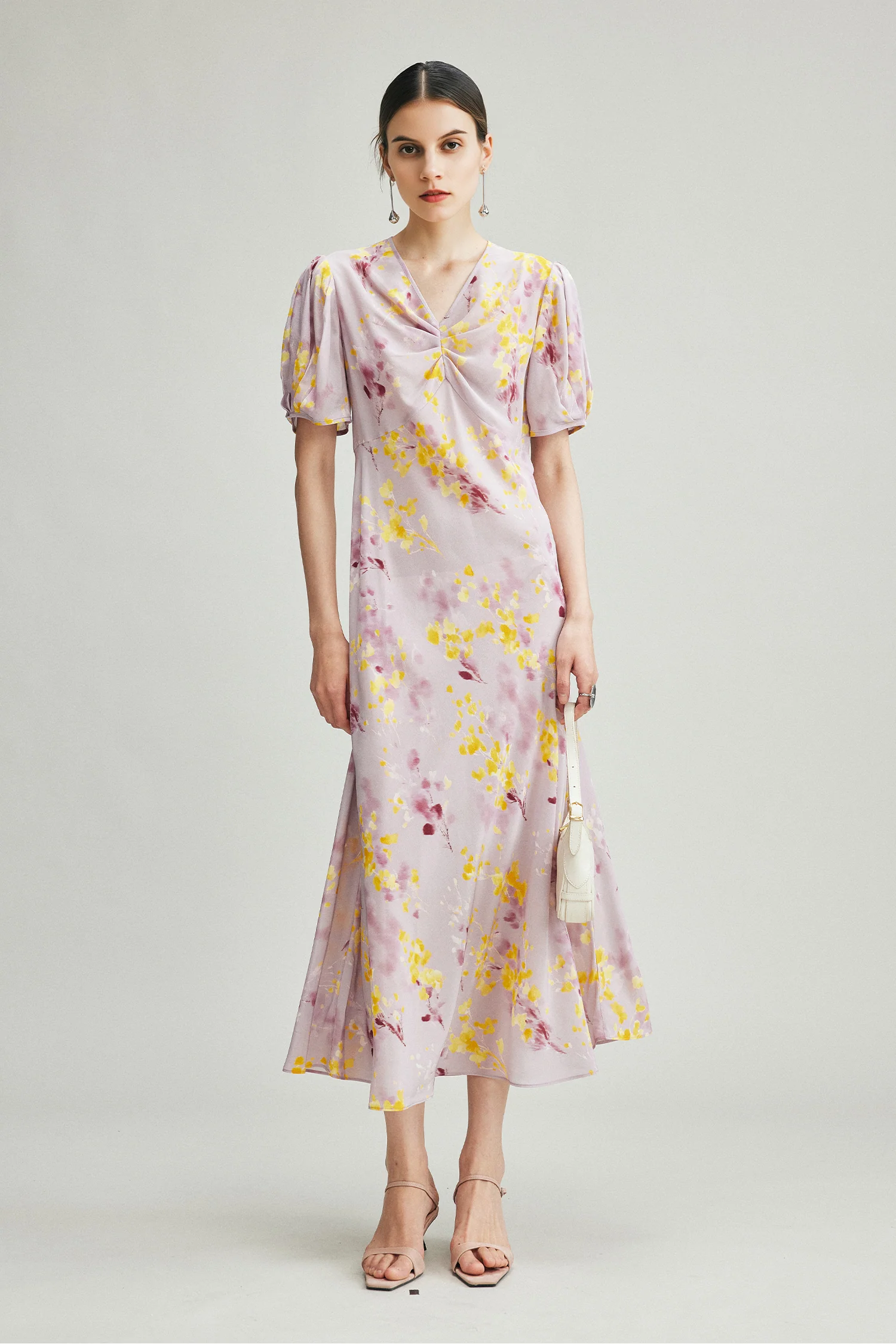 100% Silk 14 Momme Ruched Neck Floral Midi Dress - kasudy