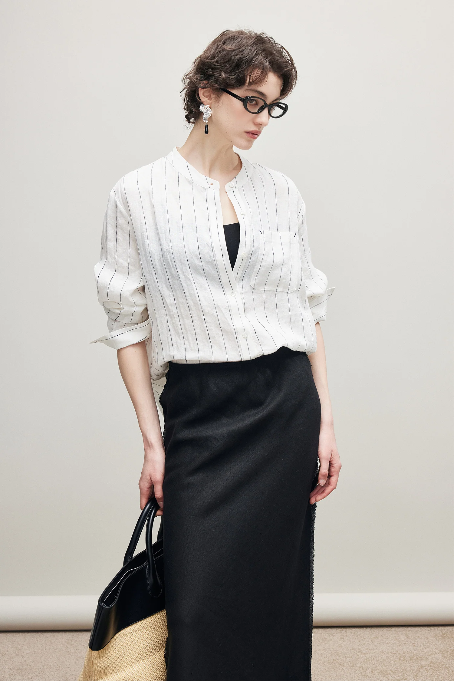 100% Linen Long Sleeve Collarless Button Up Shirt - kasudy