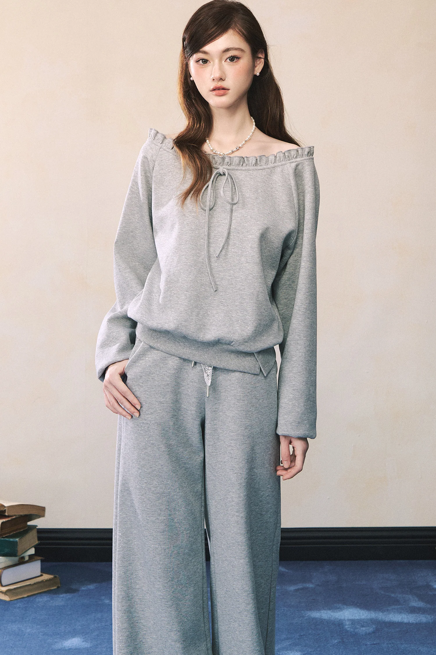 Gray Off-Shoulder Sweatshirt and Sweatpants Skirt Set-Up - kasudy
