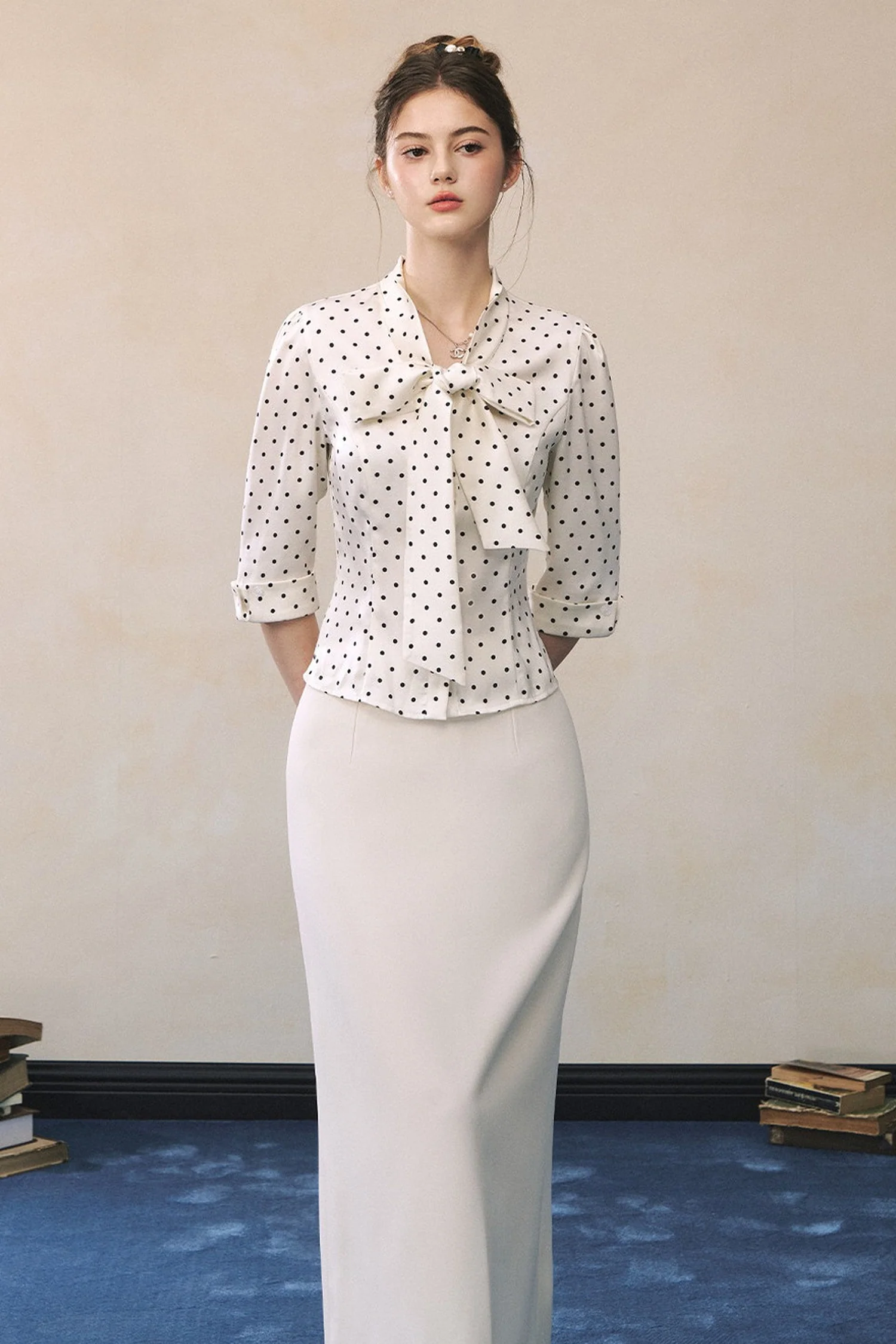 Polka Dot Satin Bow Tie Shirt and Skirt Set-UP - kasudy