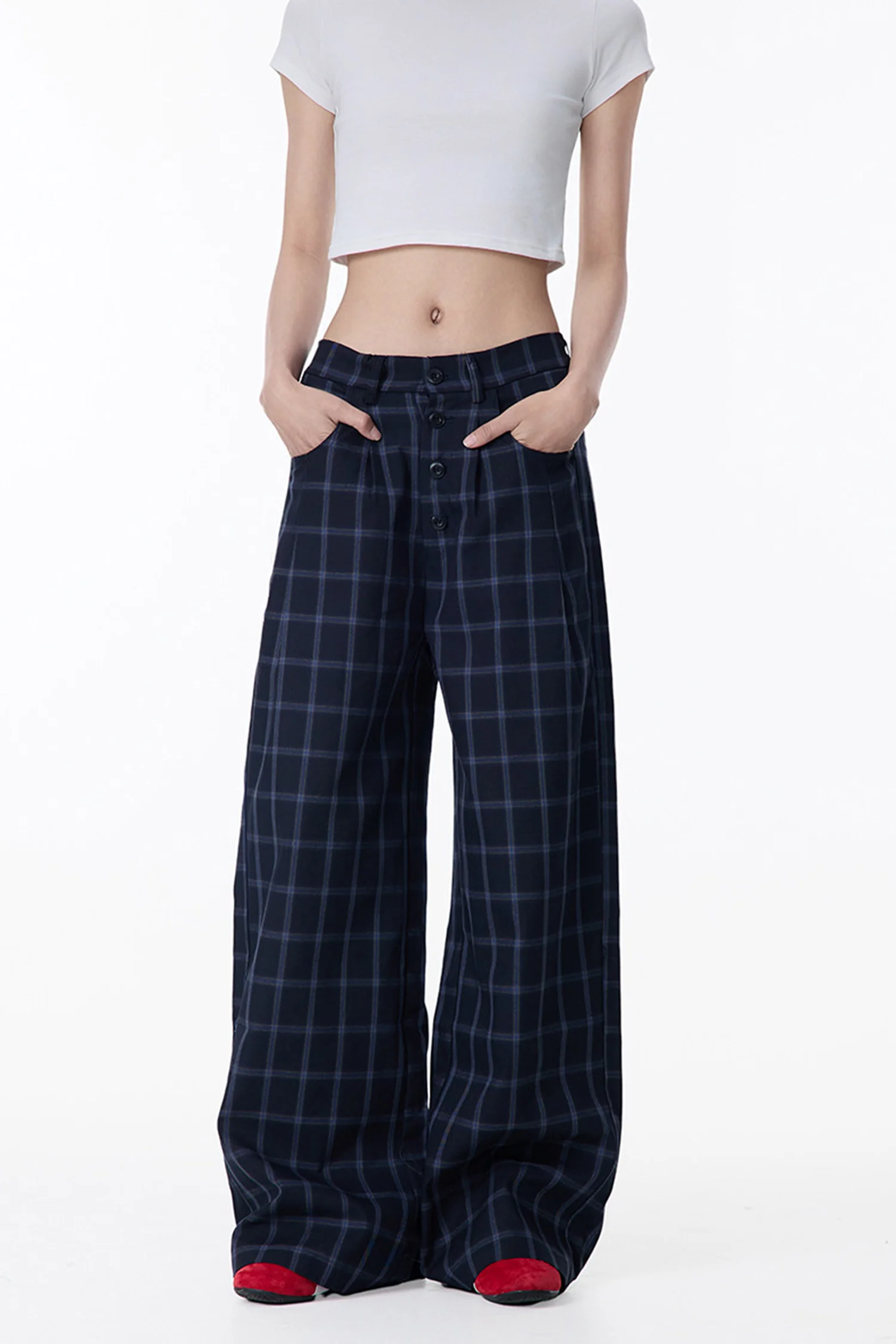 Vintage Plaid Wide-Leg Low-Rise Pants in Blue - kasudy