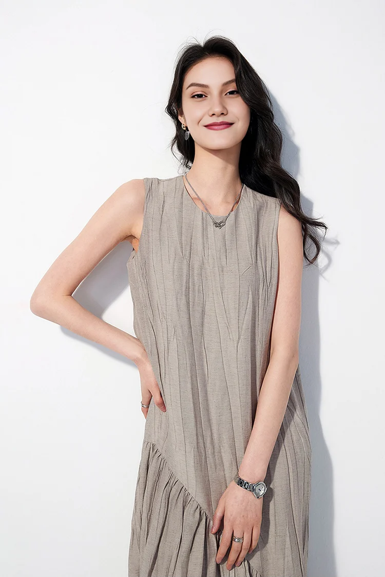Casual Summer Asymmetric Tiered Crinkled Flowy Tank Midi Dress - kasudy