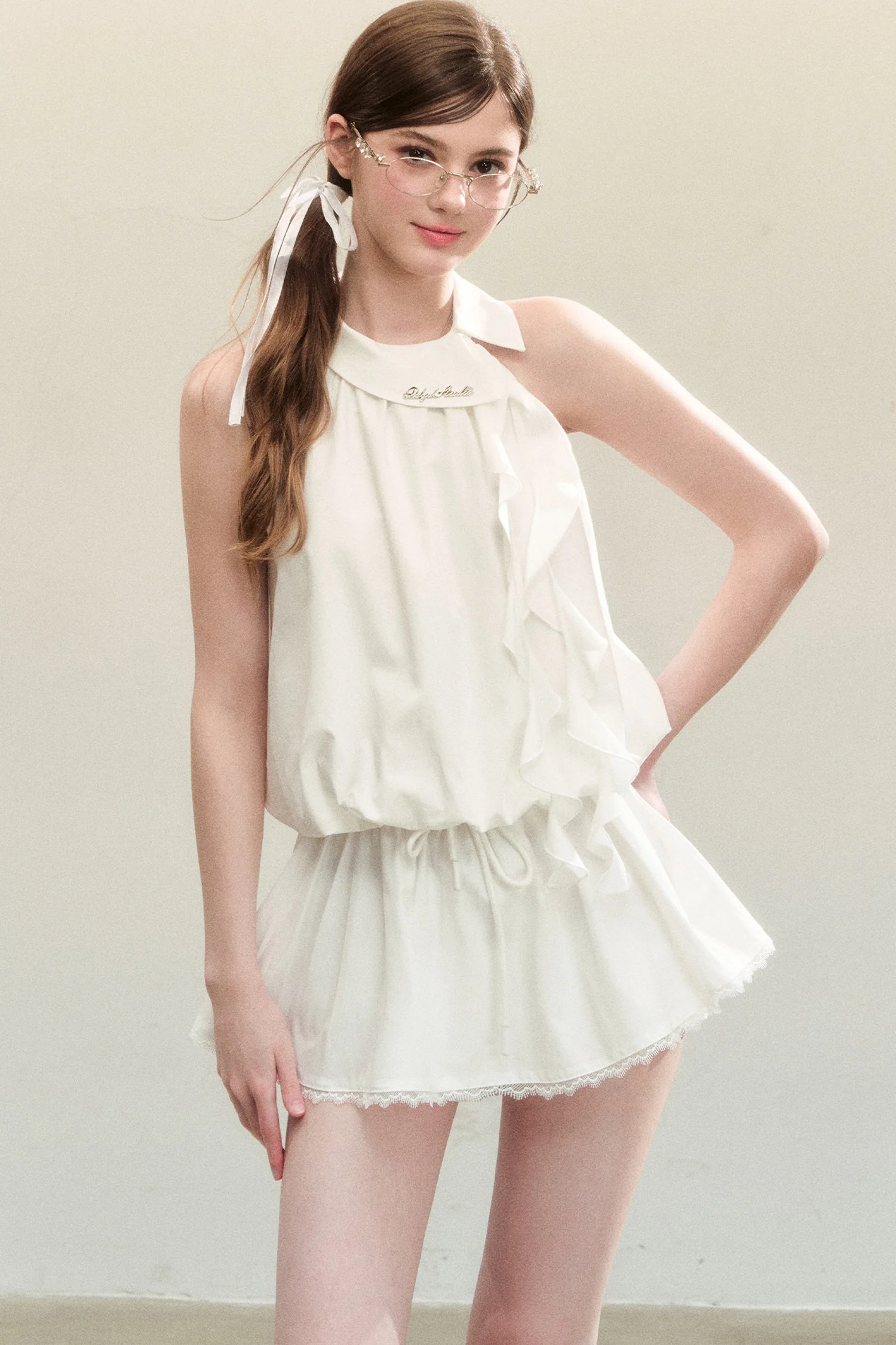 White Sleeveless Halter Top and Short Skirt Set-Up - kasudy