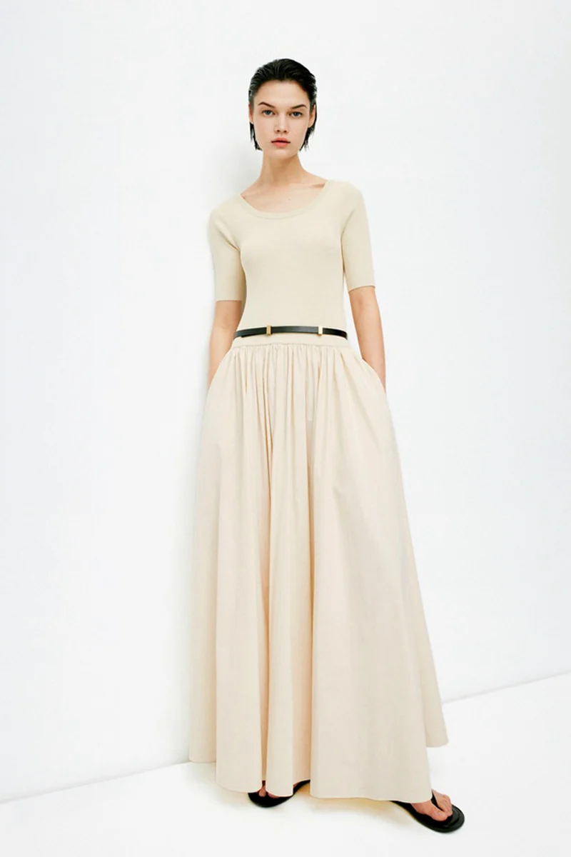 Knit-Bodice Tencel A Line Flowy Maxi Dress - kasudy