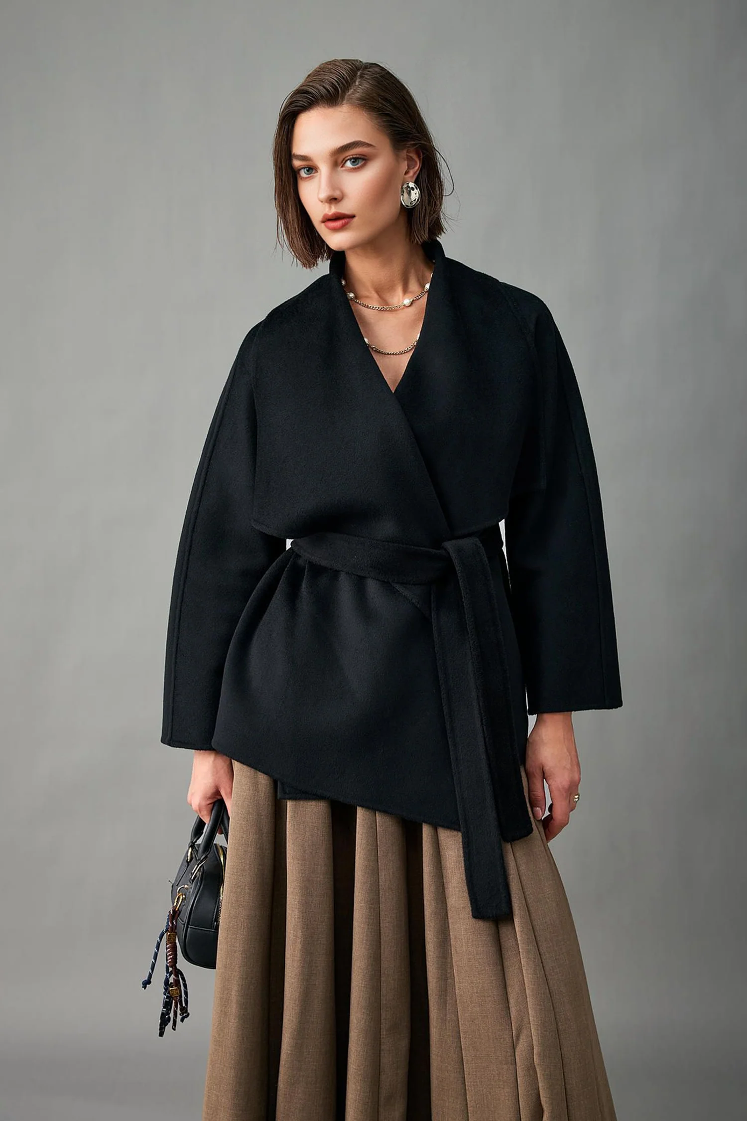Handcrafted Double-Faced Cashmere Draped Collar Short Wrap Coat - kasudy