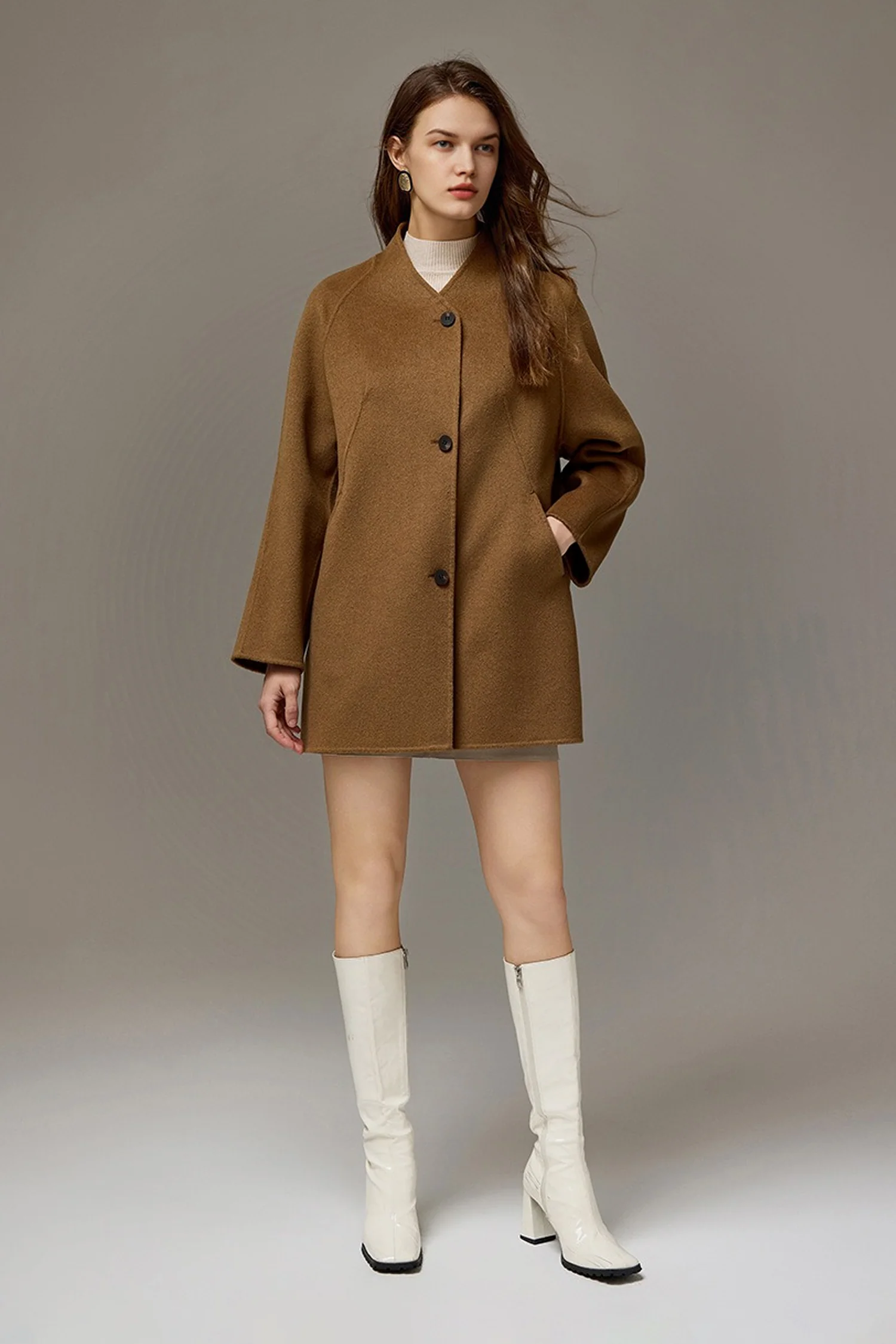 Collarless Silk-Wool Double-Faced Midi Coat - kasudy