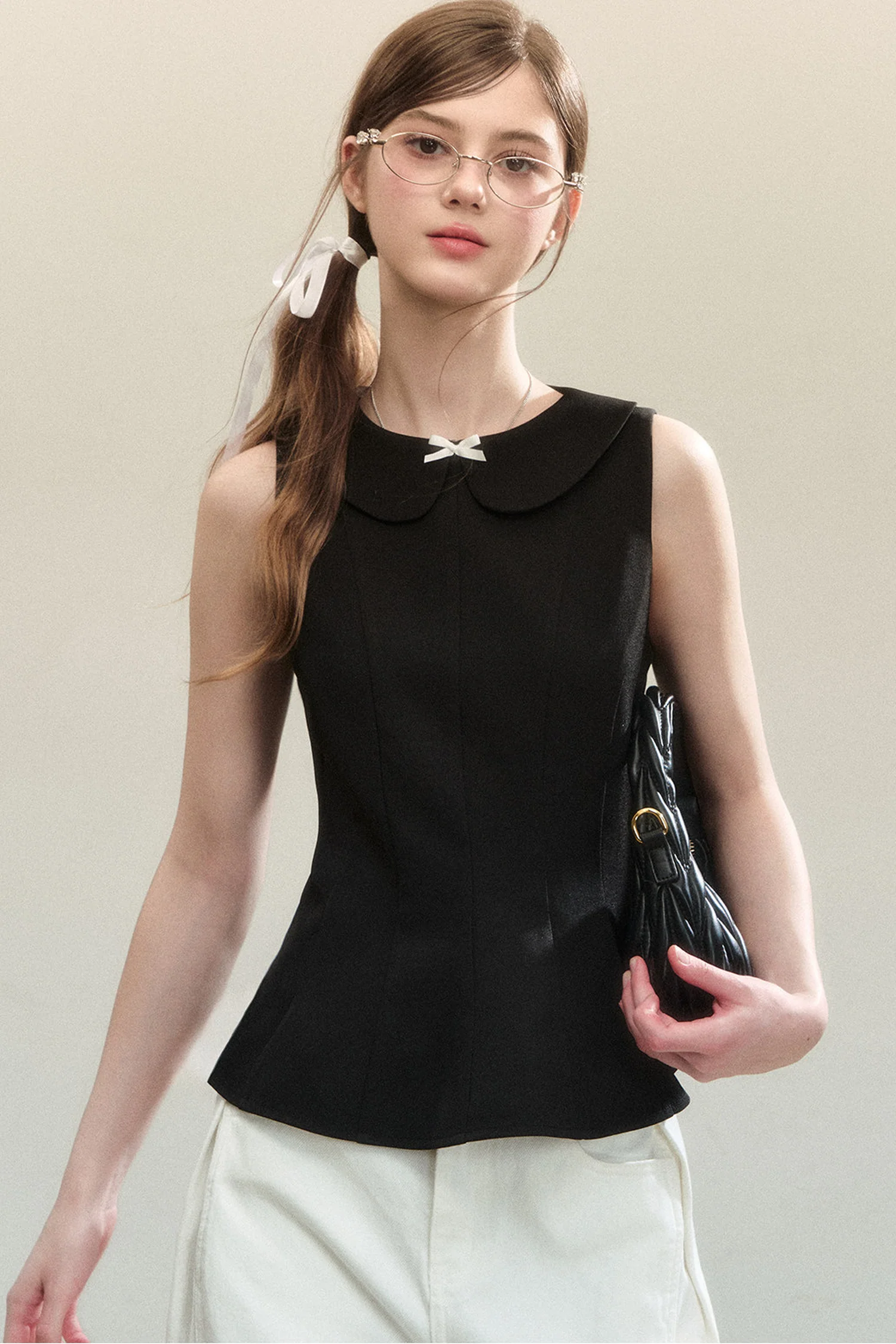 Sleeveless Doll Collar Bow Tank Top - kasudy