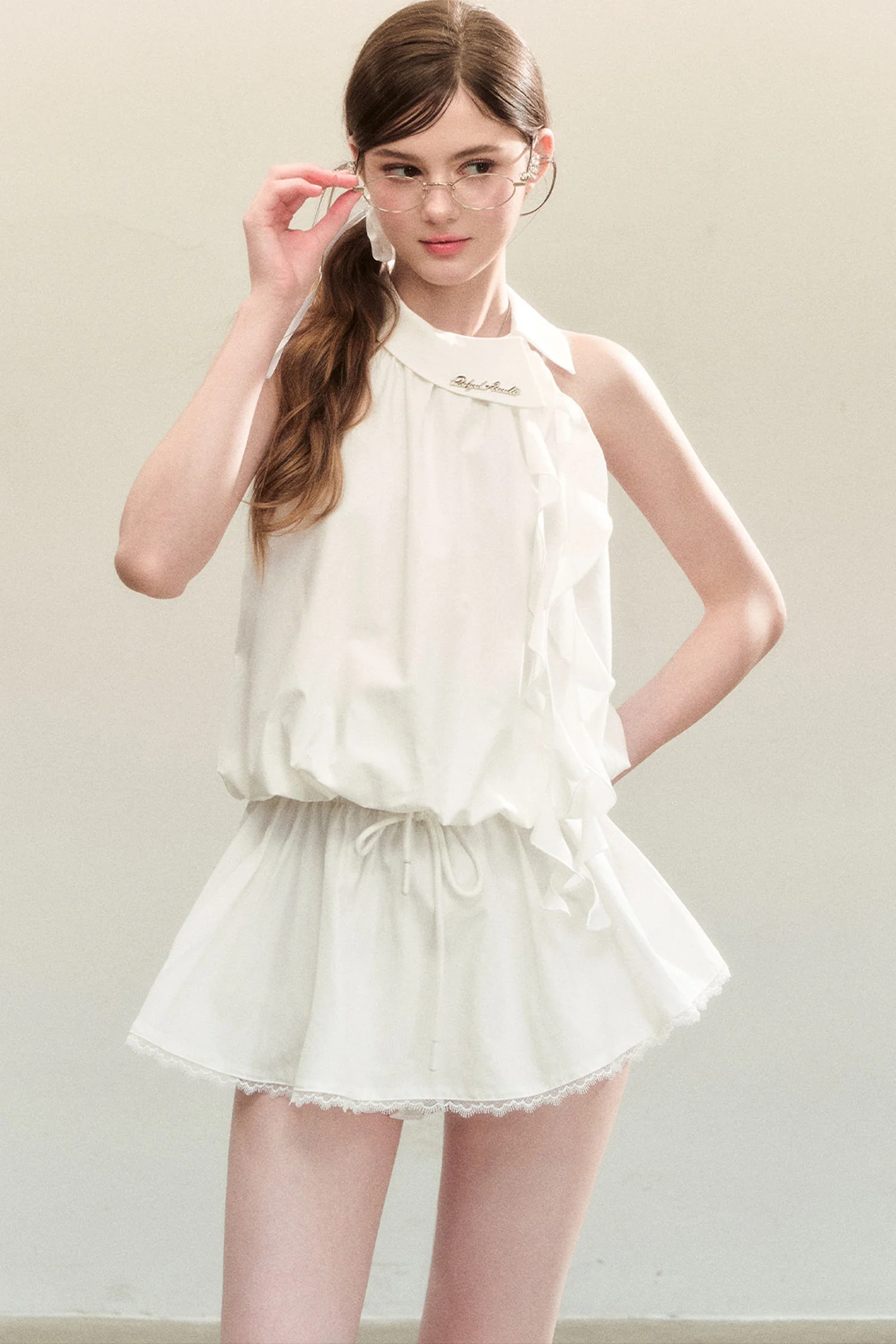 White Sleeveless Halter Top and Short Skirt Set-Up - kasudy