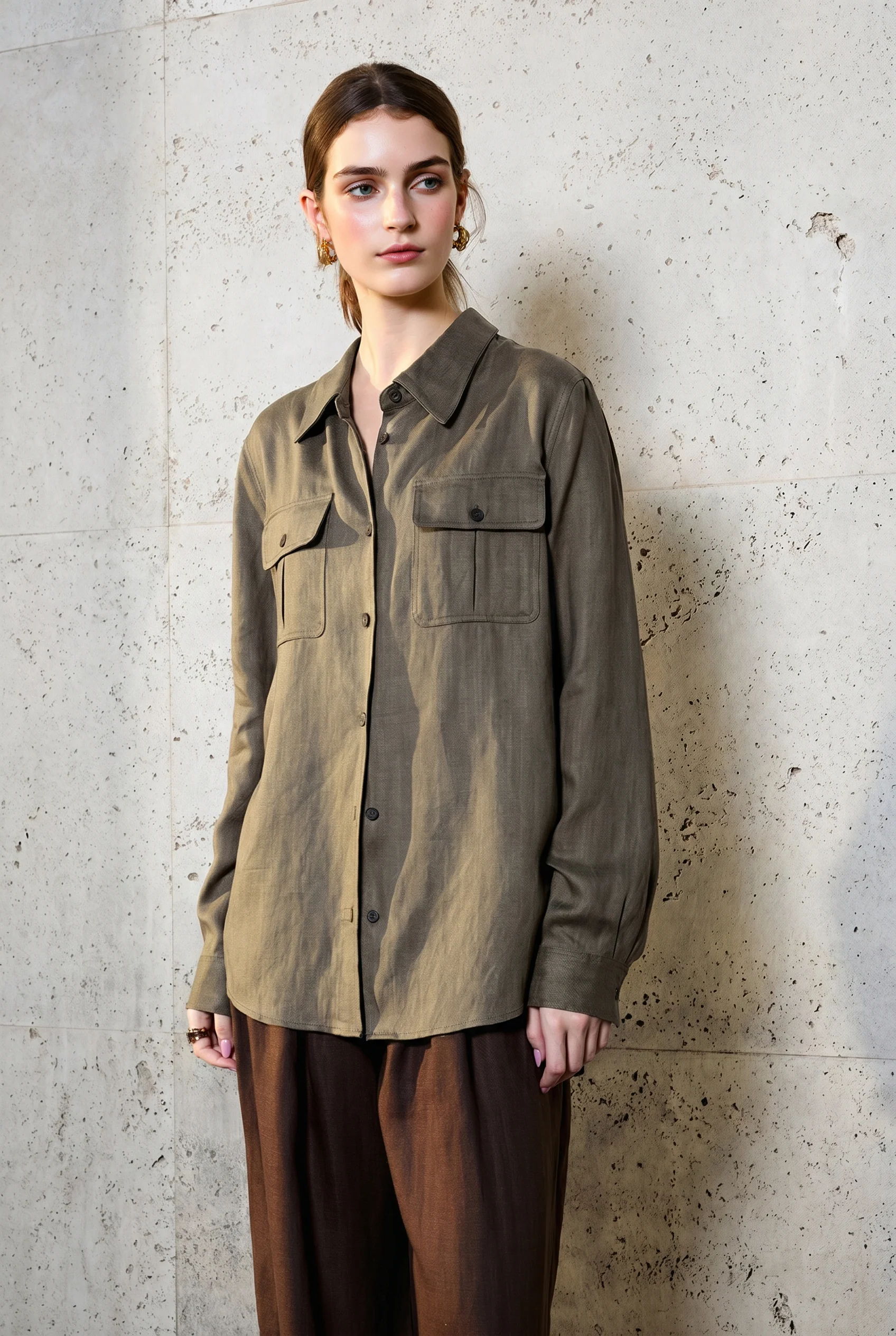 Breathable Linen Lyocell Button Up Shirt with Chest Pockets - kasudy