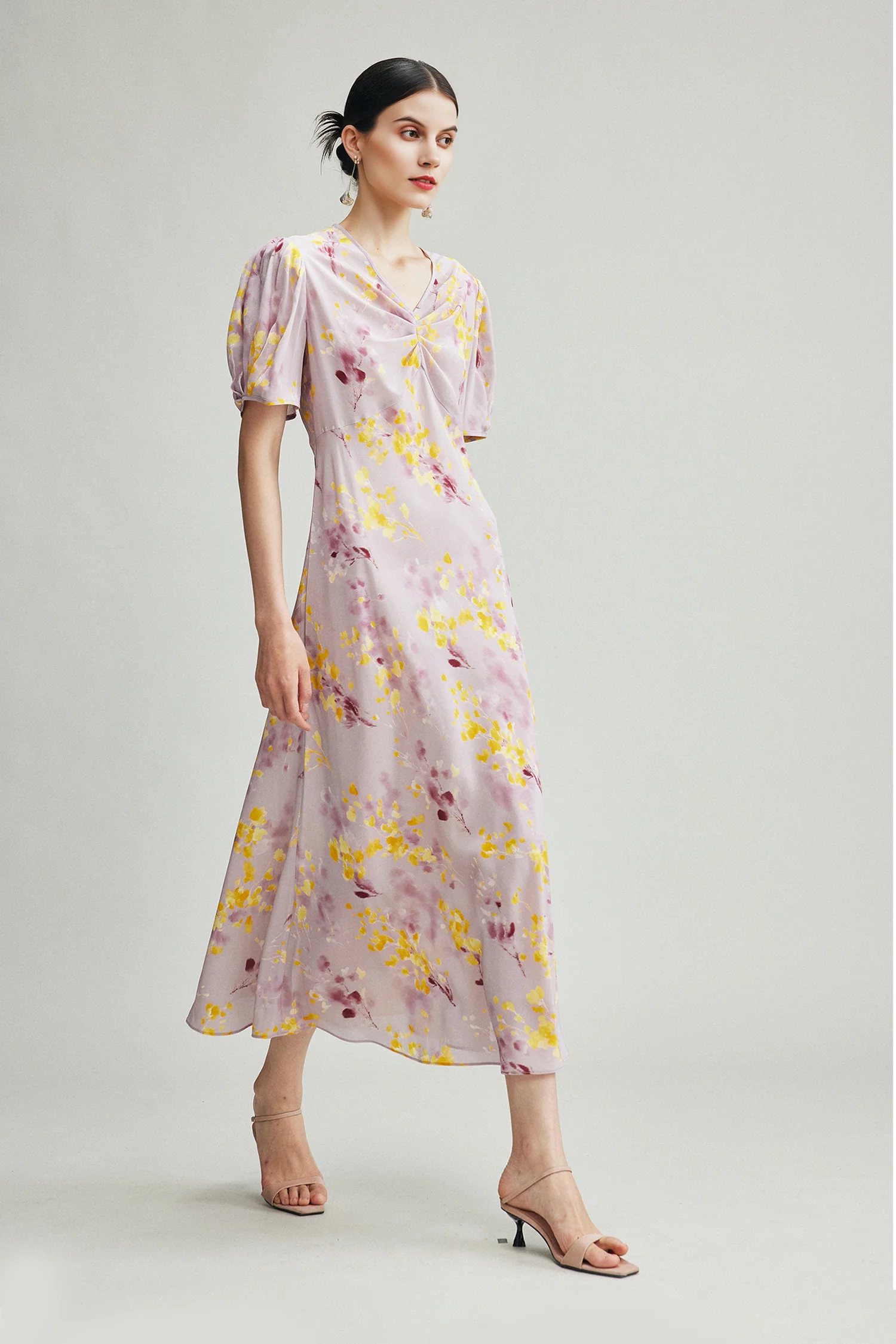 100% Silk 14 Momme Ruched Neck Floral Midi Dress - kasudy