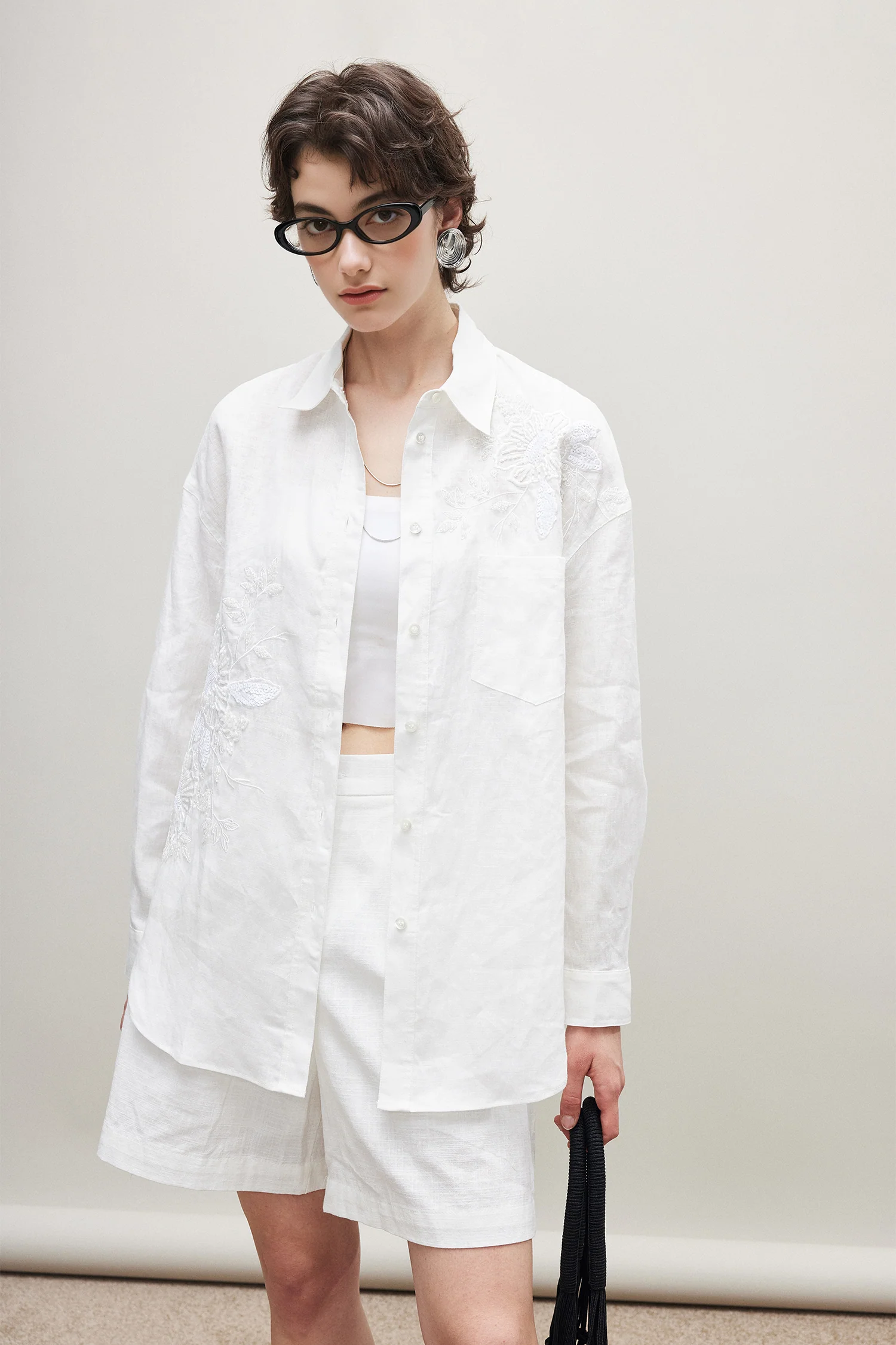 100% Linen Floral Embroidered Long Sleeve Shirt - kasudy