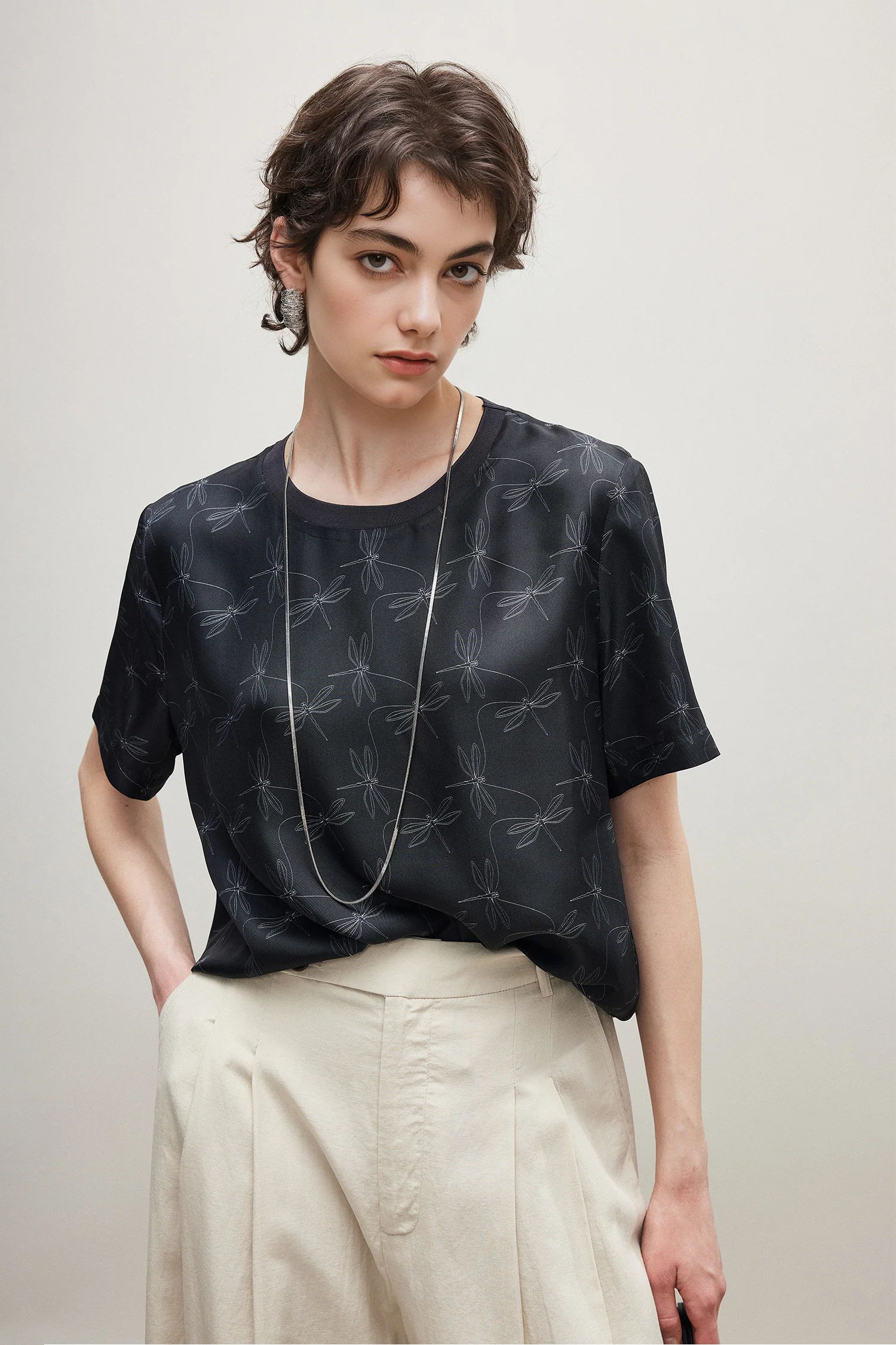 100% Silk Crew Neck Printed Short Sleeve T Shirt - kasudy