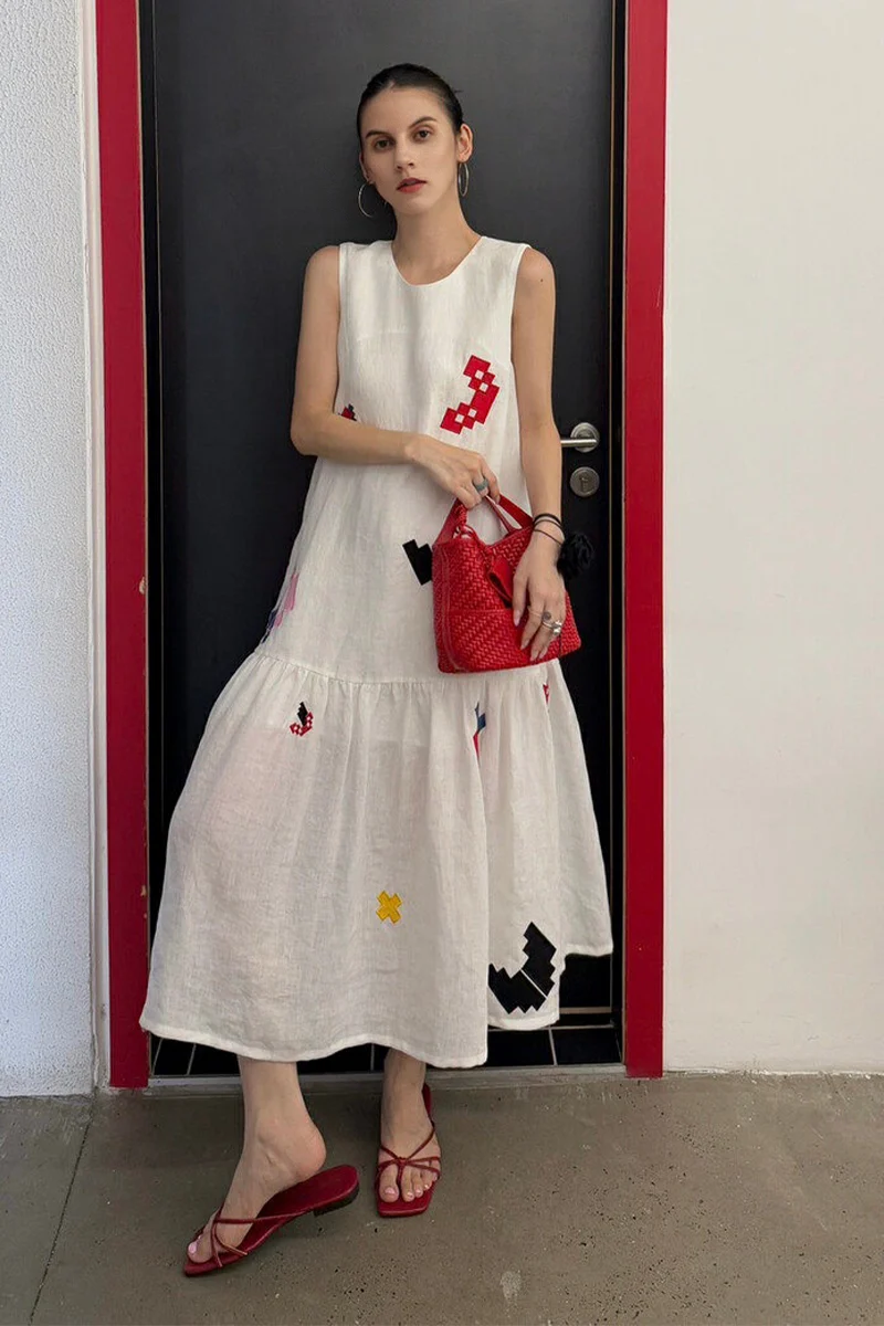 White Cotton-Linen Embroidered Sleeveless Maxi Dress - kasudy