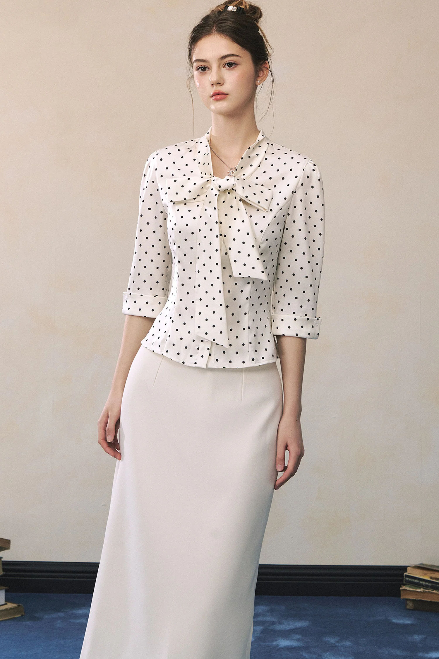 Polka Dot Satin Bow Tie Shirt and Skirt Set-UP - kasudy