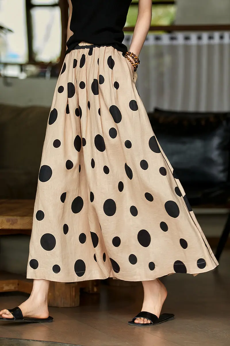 100 Linen Polka Dot A-Line Midi Skirt - kasudy