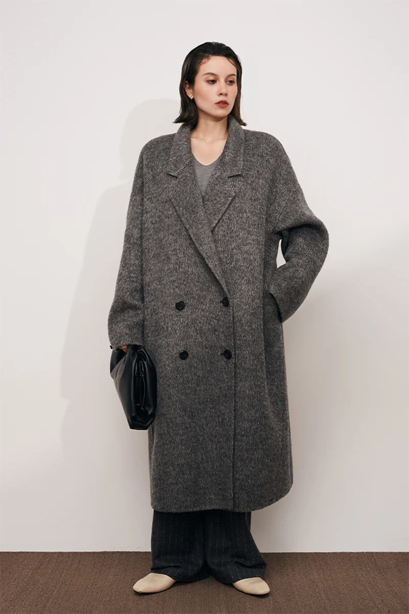 Oversized Double-breasted Long Wool Coat With Lapel Collar - kasudy