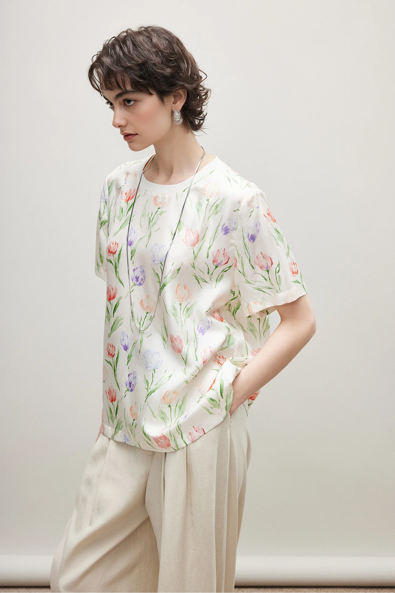 100% Silk 16 Momme Short Sleeve Printed T Shirt - kasudy