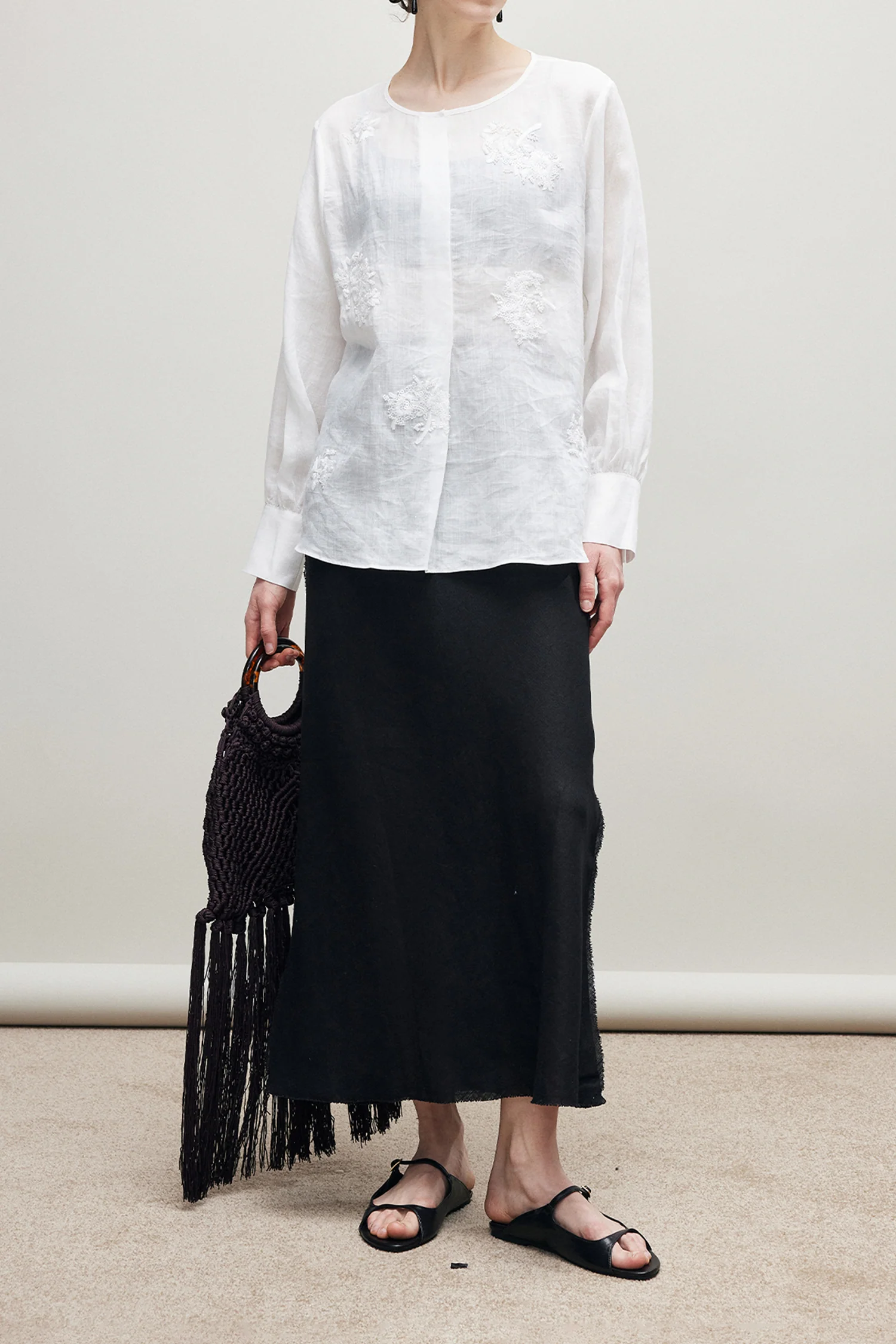 100% Ramie Embroidered Floral Collarless Shirt - kasudy
