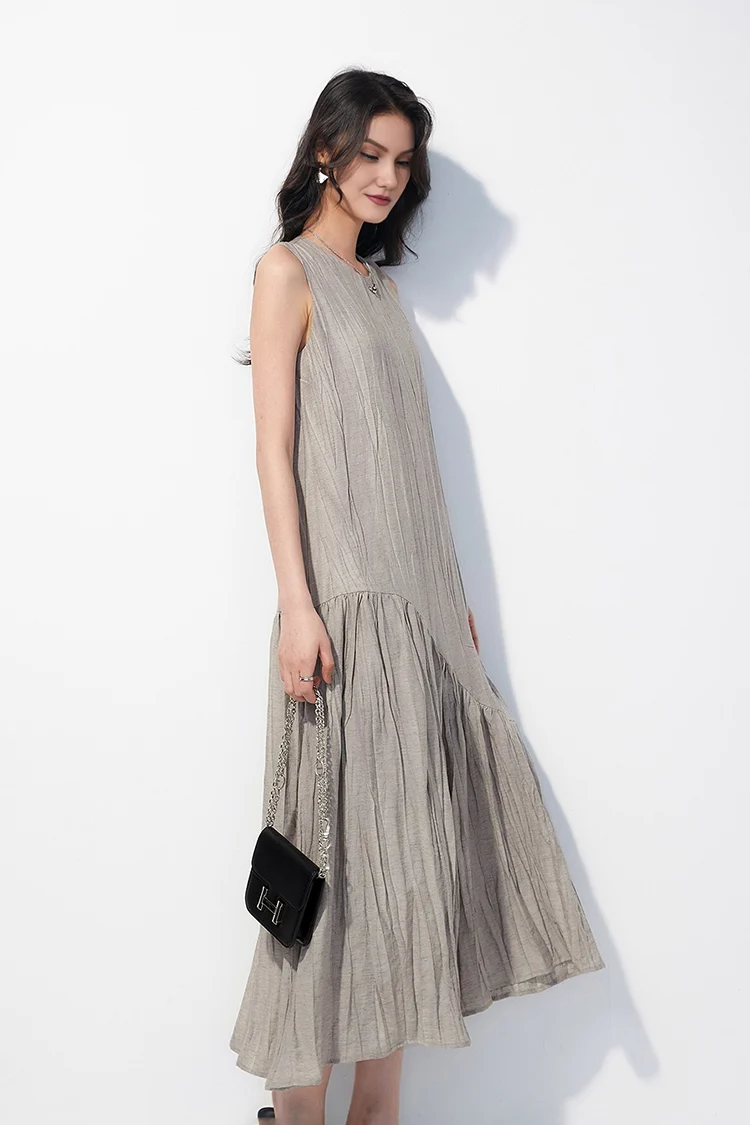 Casual Summer Asymmetric Tiered Crinkled Flowy Tank Midi Dress - kasudy