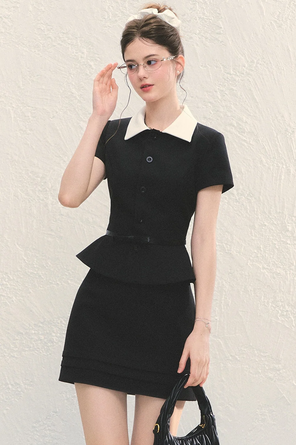 Black Short-Sleeved Shirt and A-Line Skirt Set-Up - kasudy