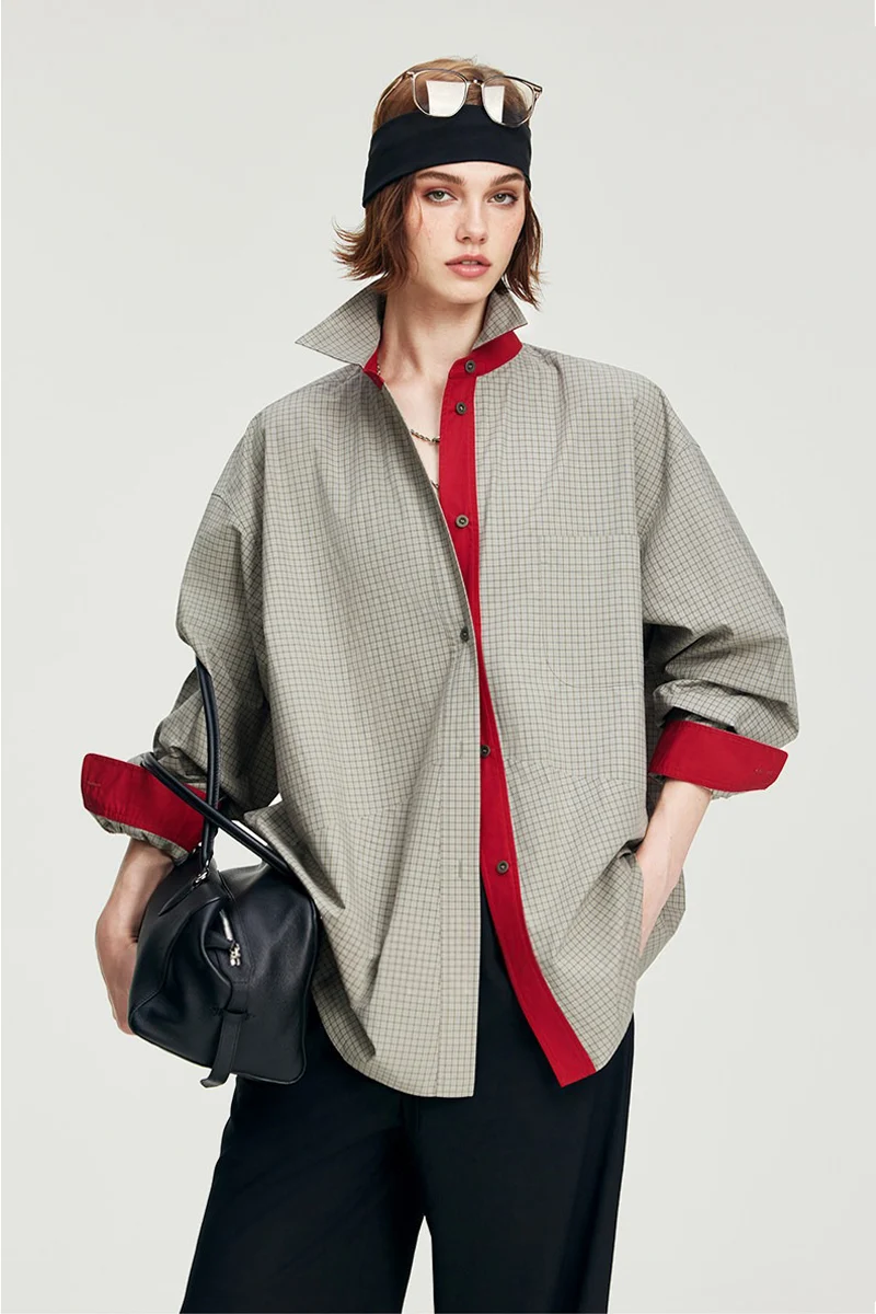 100% Cotton Red Trim Oversized Shirt - kasudy