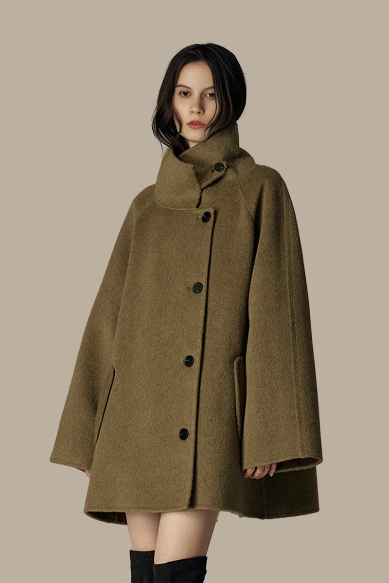 Oversized Wool Alpaca Stand Collar Cape Coat with Belt - kasudy
