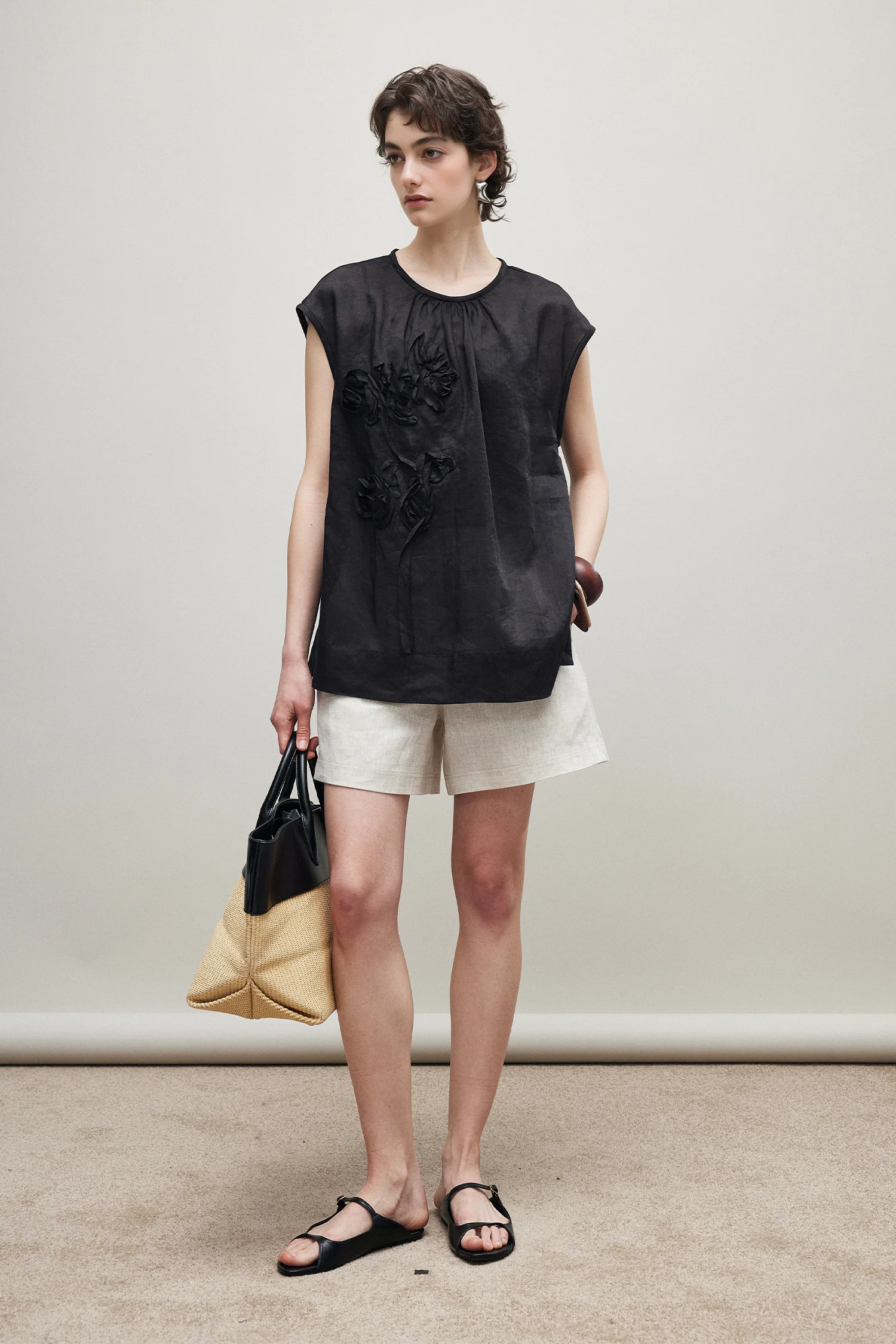 100% Ramie Floral Embroidered Cap Sleeve Top - kasudy