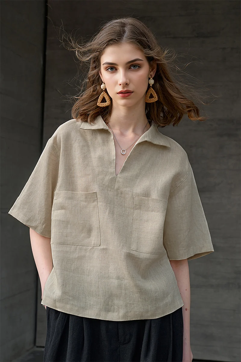 100% Linen Breathable V Neck Polo Shirt - kasudy