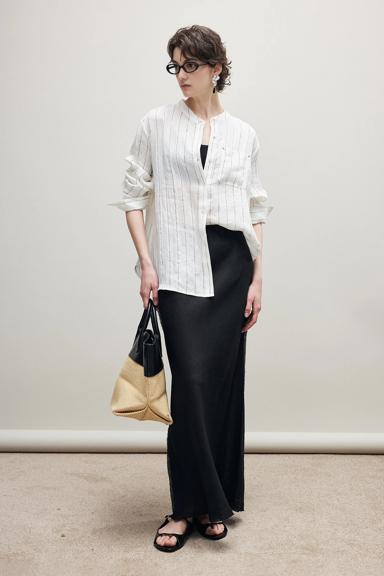 100% Linen Long Sleeve Collarless Button Up Shirt - kasudy