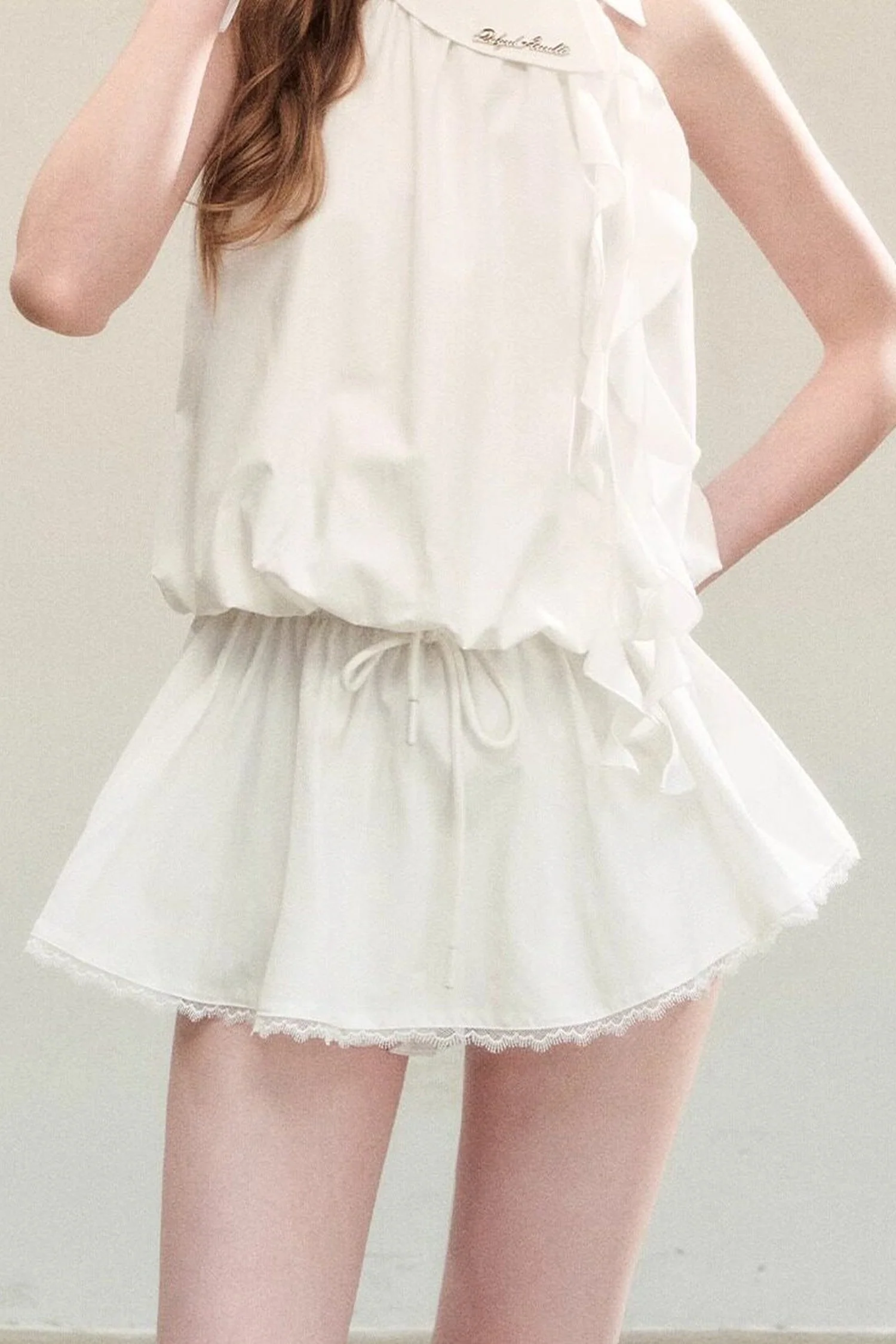 White Sleeveless Halter Top and Short Skirt Set-Up - kasudy