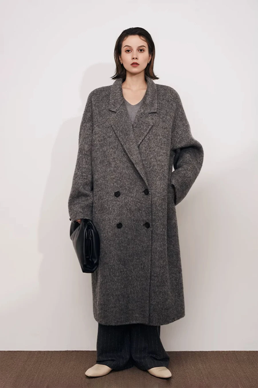 Oversized Double-breasted Long Wool Coat With Lapel Collar - kasudy