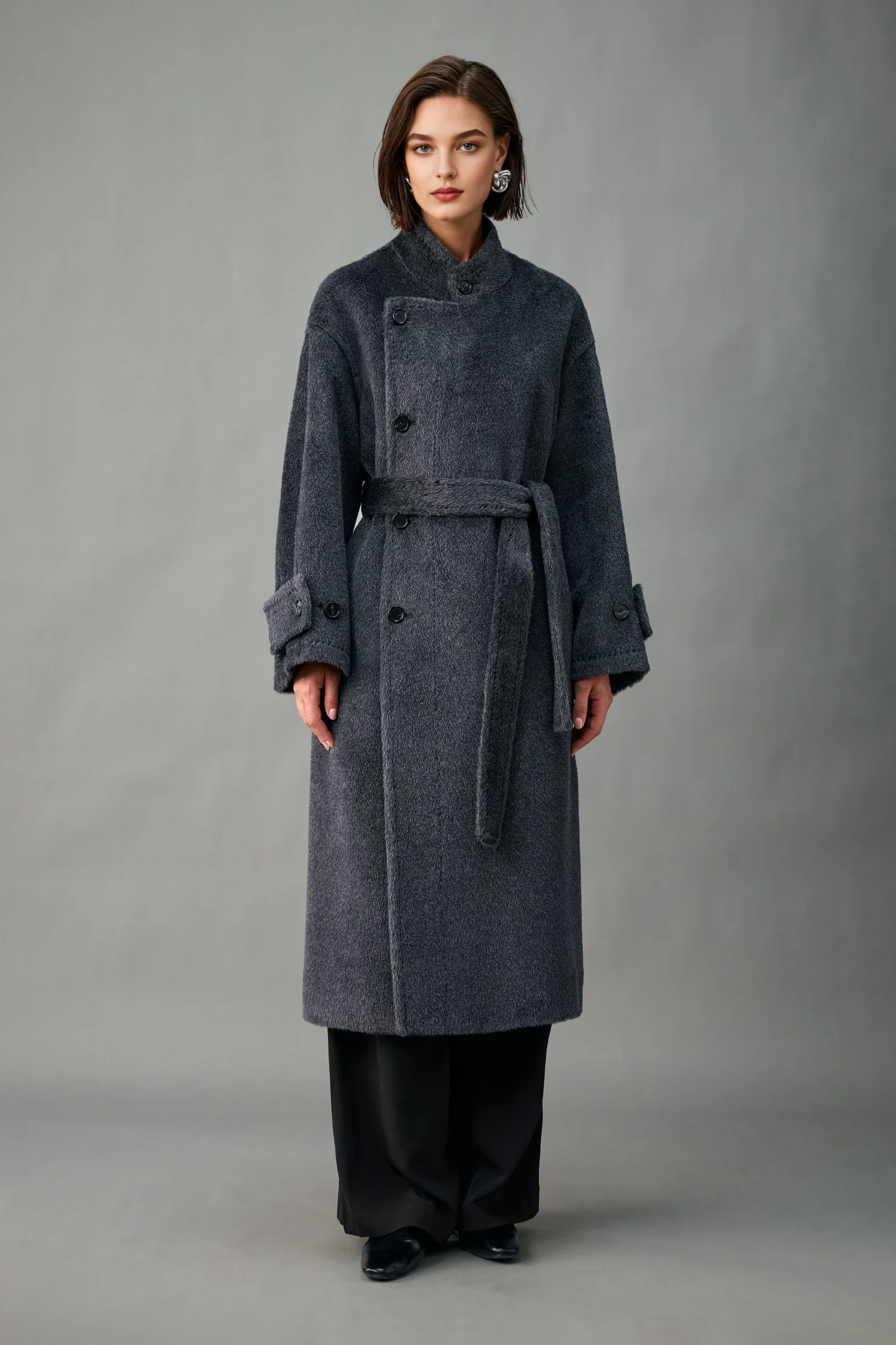 Royal Baby Suri Alpaca Wool Stand Collar Belted Wrap Coat - kasudy