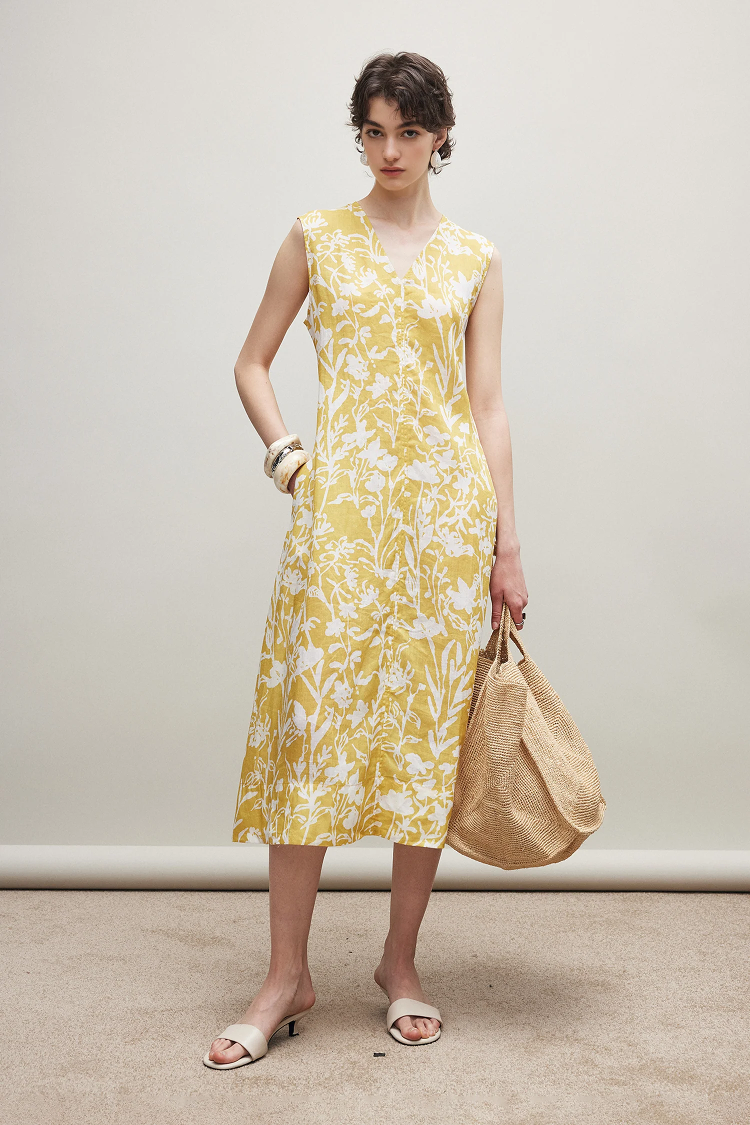 100% Ramie Floral Print Midi Sleeveless Dress - kasudy