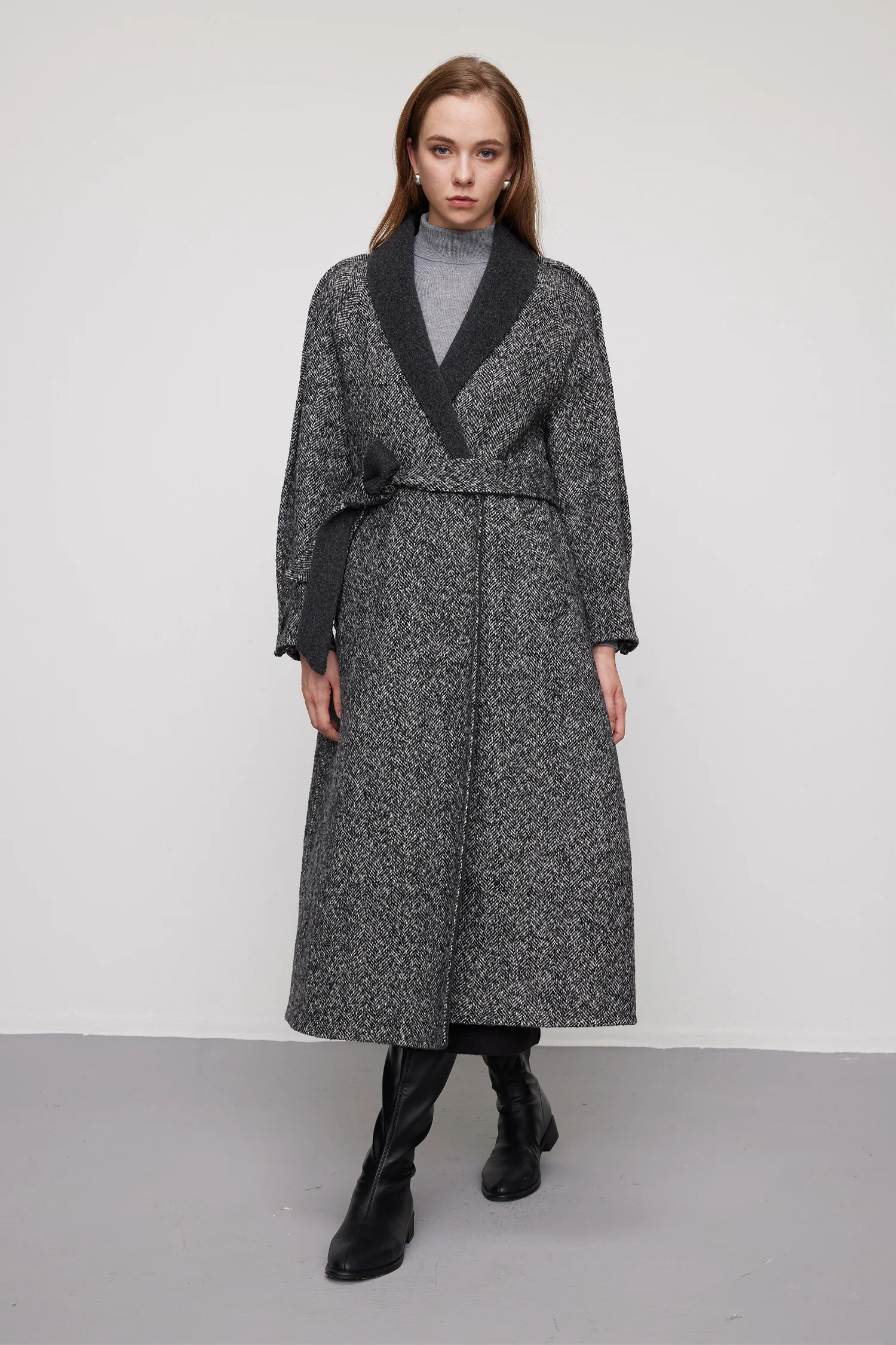 Herringbone Tweed Wool Belted Wrap Coat - kasudy