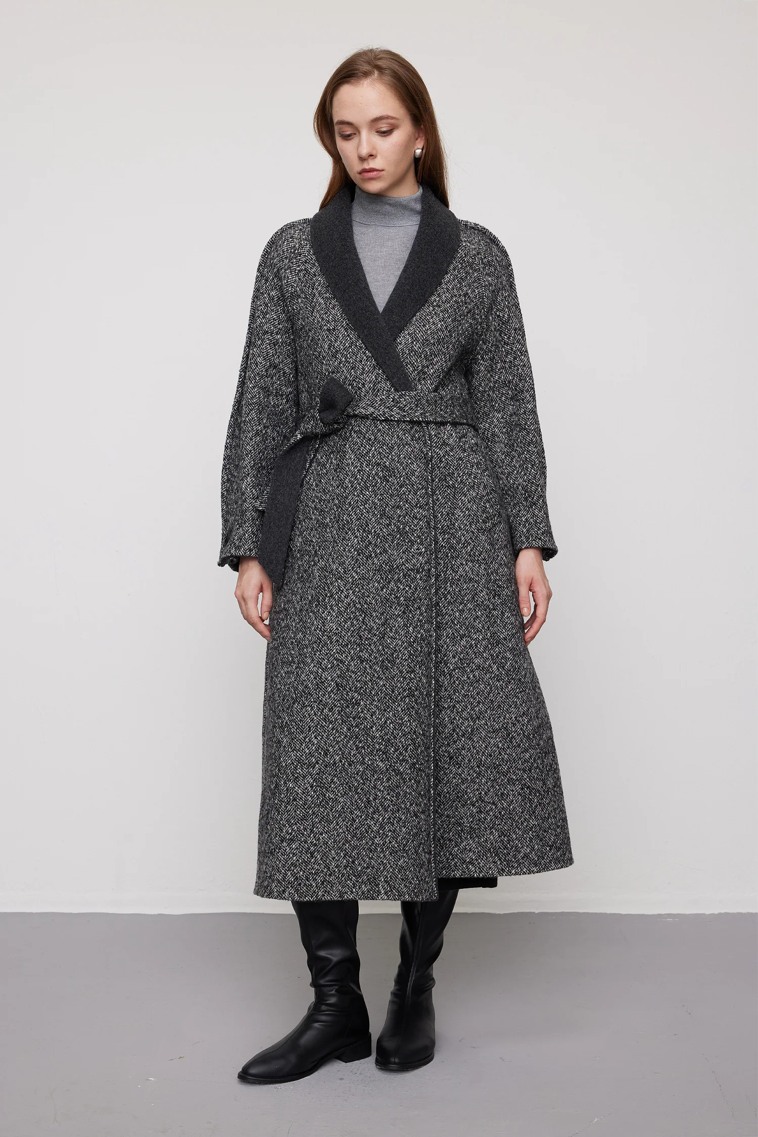 Herringbone Tweed Wool Belted Wrap Coat - kasudy