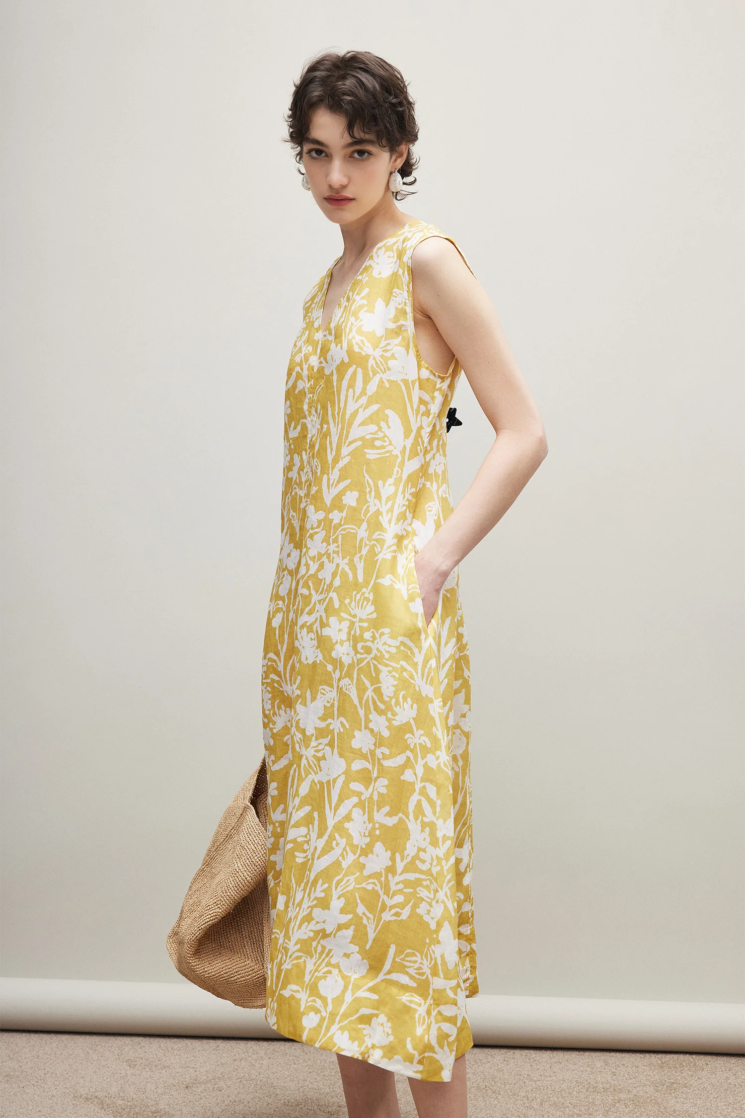 100% Ramie Floral Print Midi Sleeveless Dress - kasudy