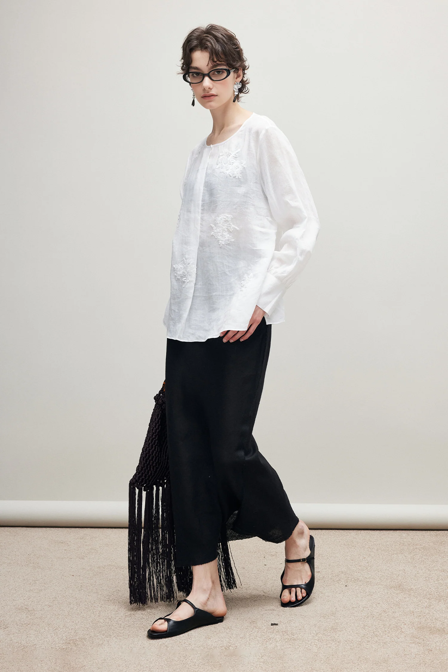 100% Ramie Embroidered Floral Collarless Shirt - kasudy