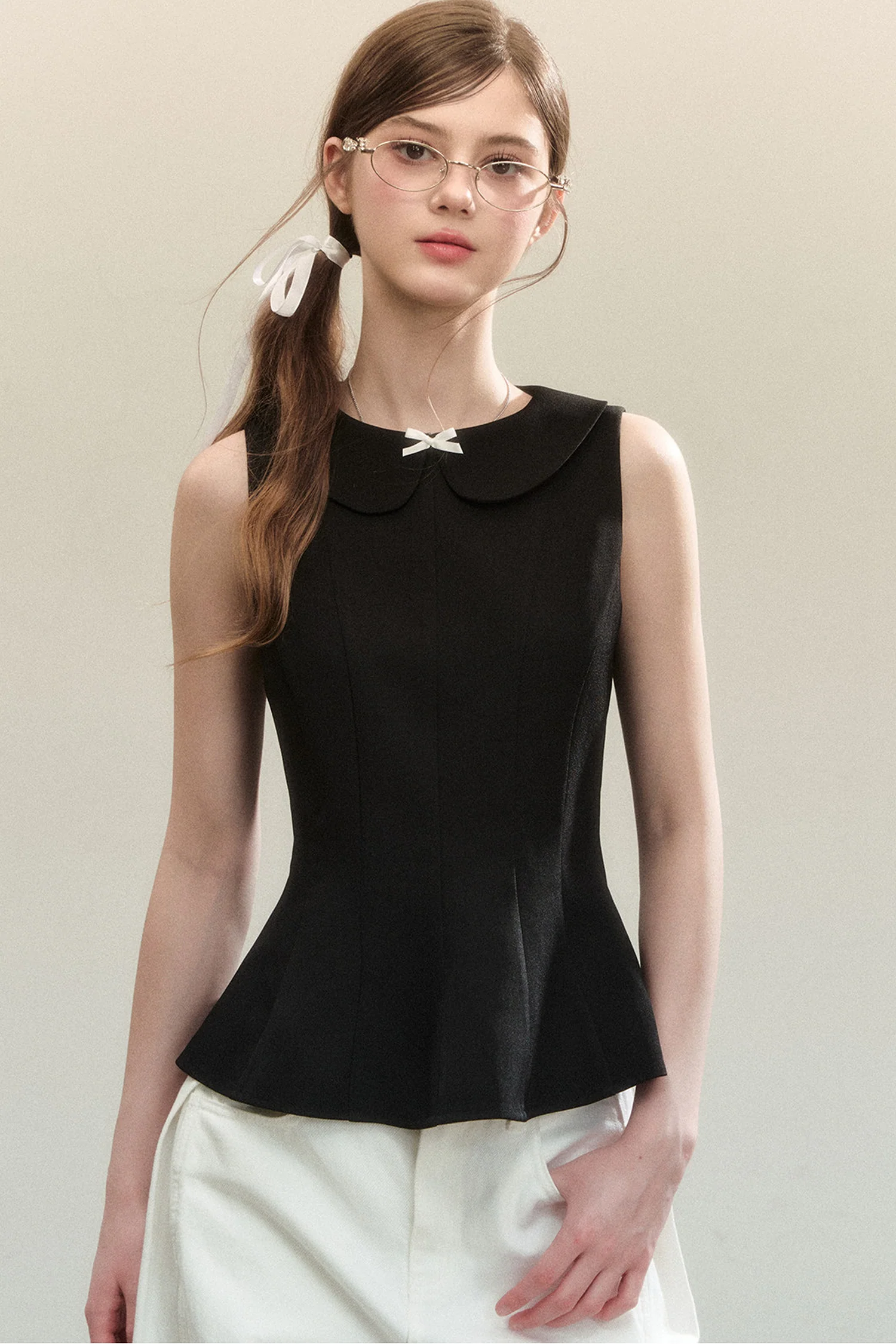 Sleeveless Doll Collar Bow Tank Top - kasudy