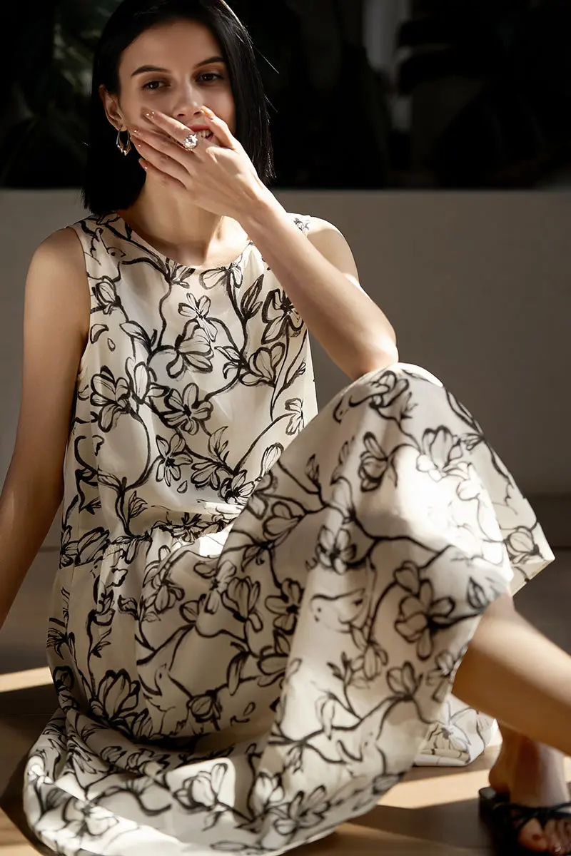 Linen Floral Sleeveless Midi Dress - kasudy