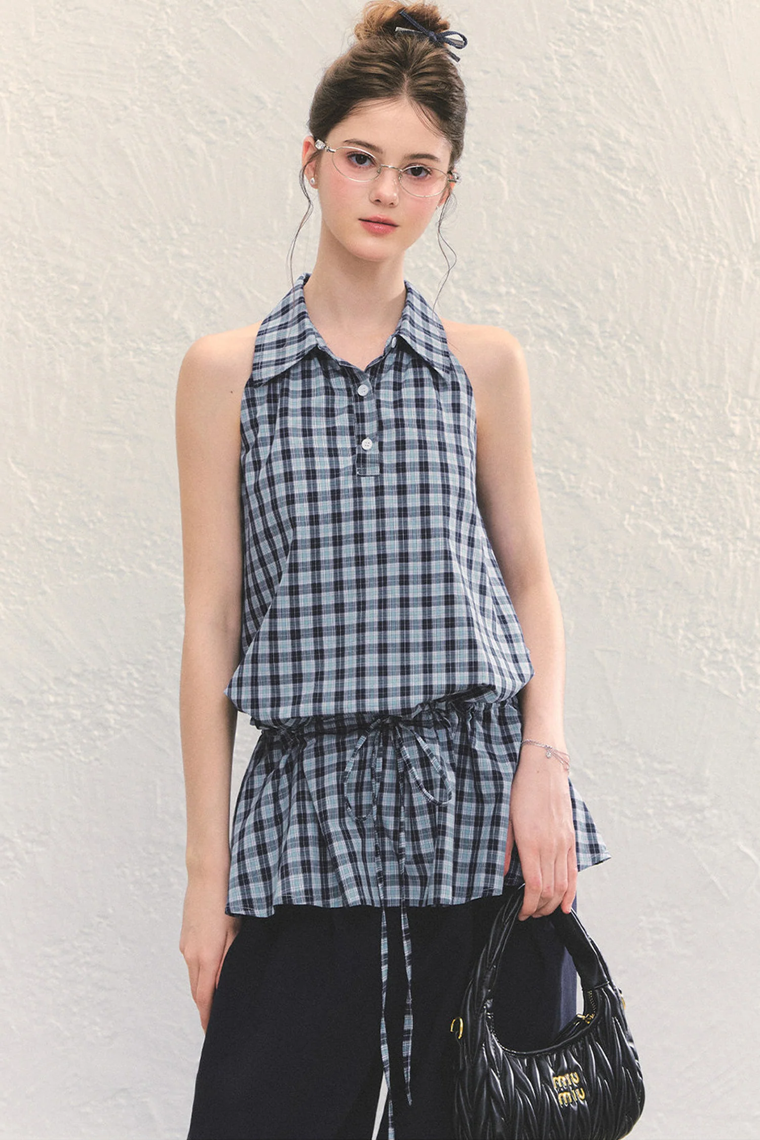 Plaid Sleeveless Halter Drawstring Top Set-Up - kasudy