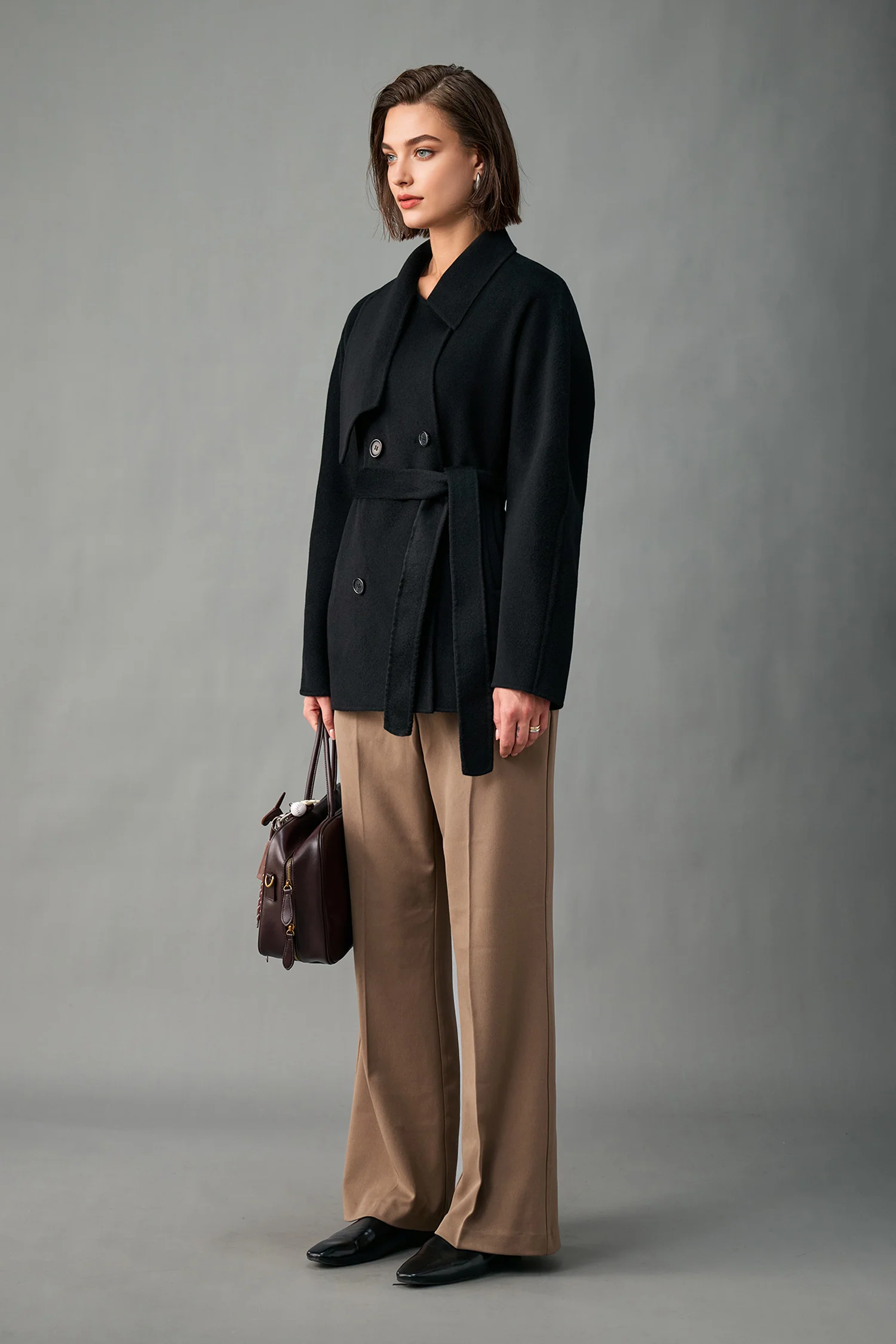 Handcrafted Cashmere Double-Breasted Short Belted Coat - kasudy