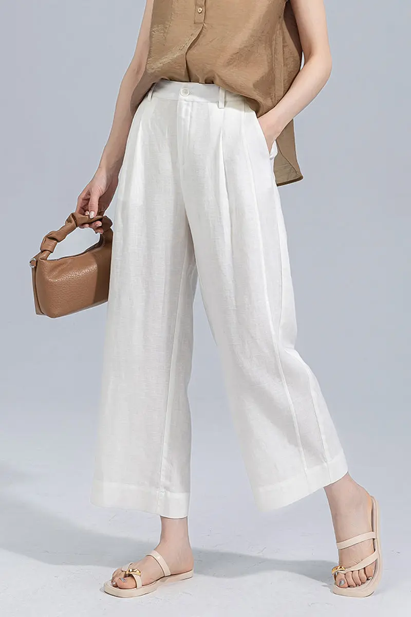 European Linen Cropped Wide-Leg Pants - kasudy