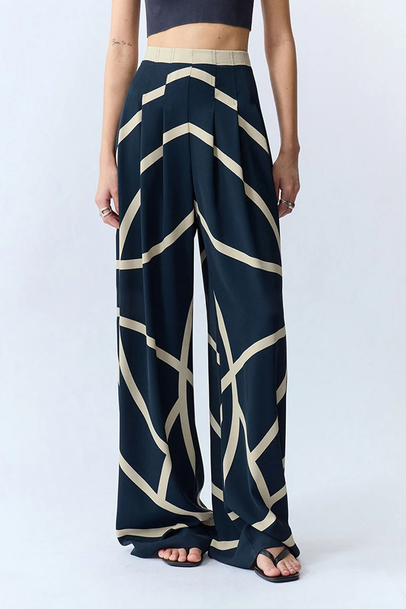 Abstract Print High Waist Pleated Wide-Leg Pants - kasudy