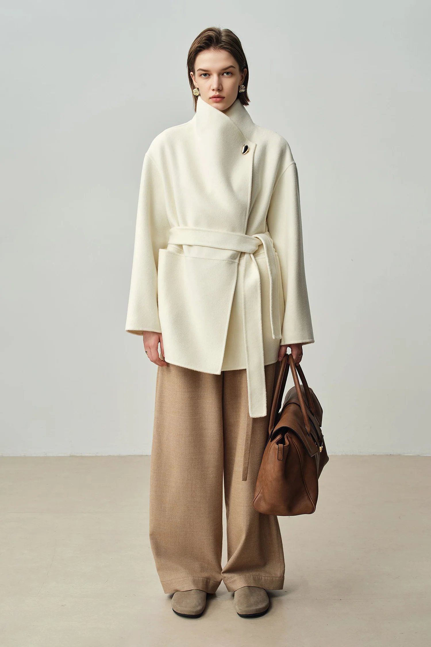 Asymmetrical Wool-Cashmere Belted Short Wrap Coat - kasudy
