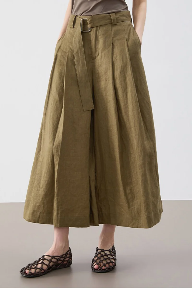 100% Linen Breathable Flowy Cropped Wide-Leg Pants - kasudy