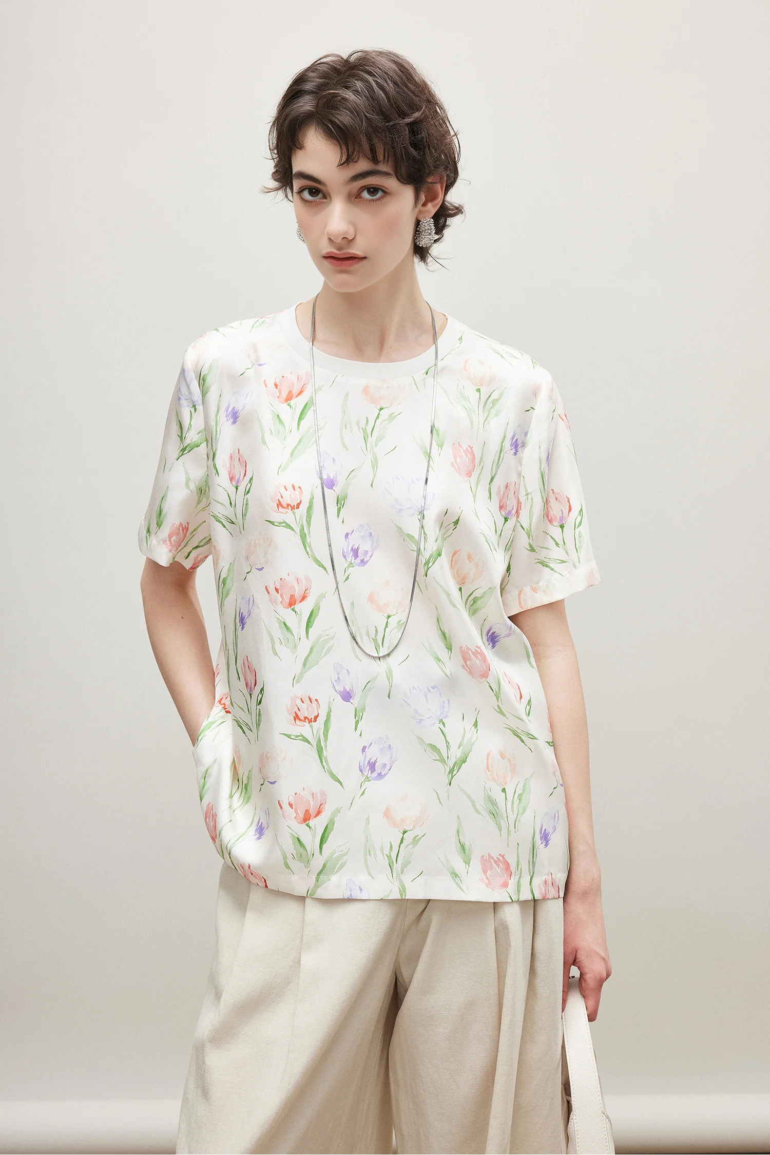 100% Silk 16 Momme Short Sleeve Printed T Shirt - kasudy