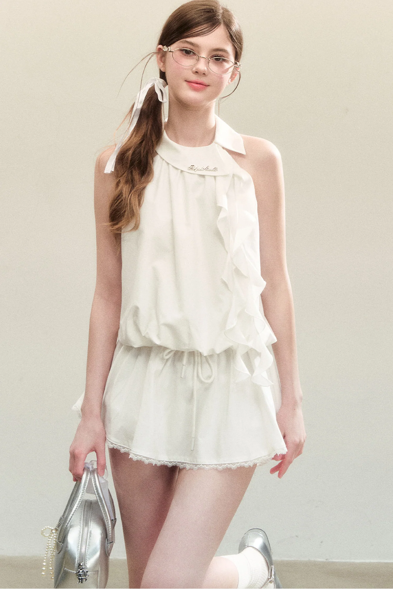 White Sleeveless Halter Top and Short Skirt Set-Up - kasudy