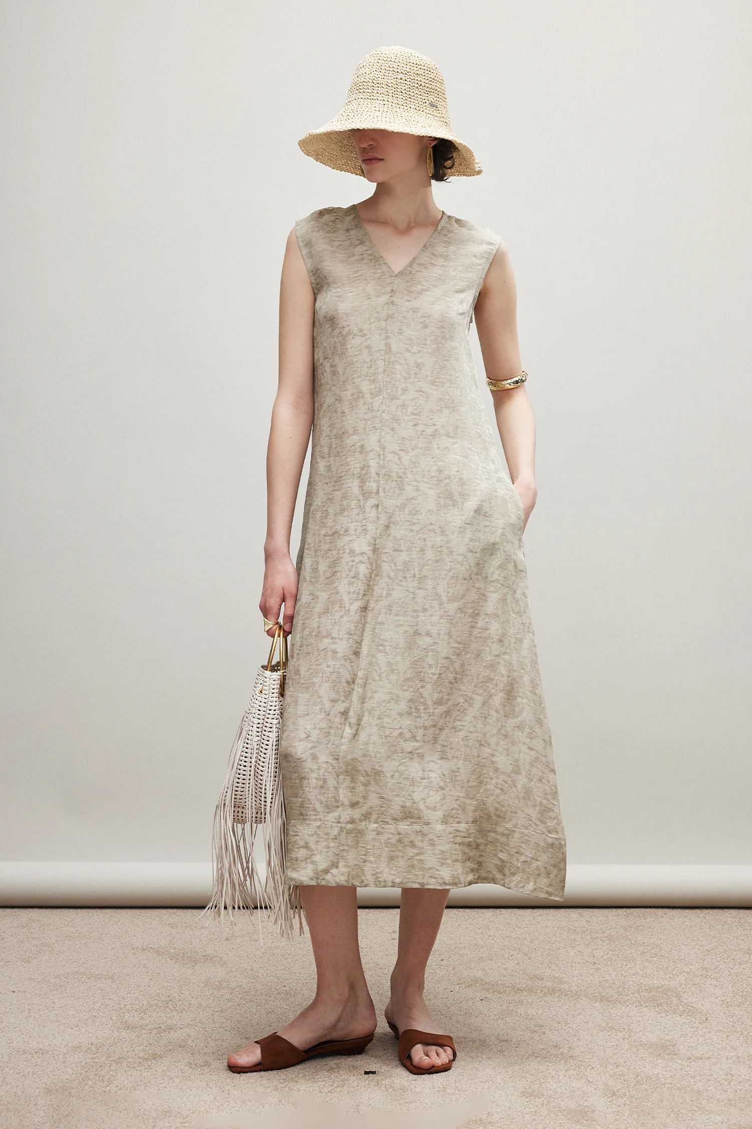 Flowy Silk Linen Sleeveless A-Line Midi Dress - kasudy